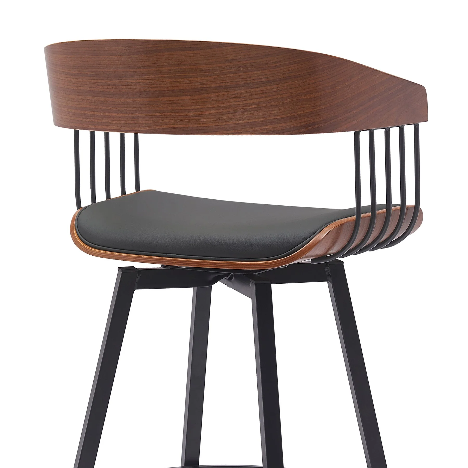 Athena 27" Swivel Walnut Wood Counter Stool in Black Faux Leather with Black Metal - Image 5
