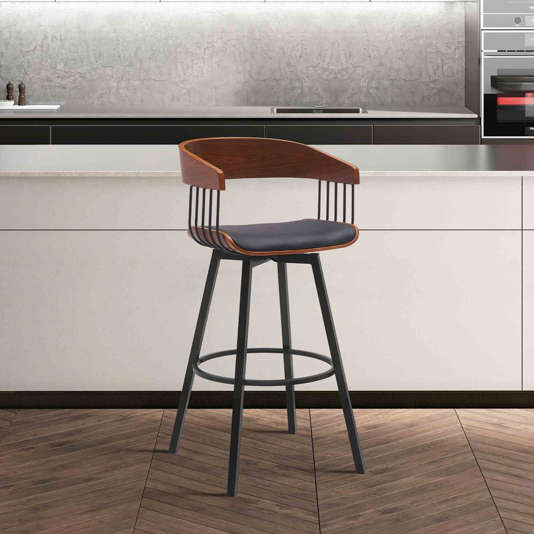 Athena 27" Swivel Walnut Wood Counter Stool in Black Faux Leather with Black Metal - Image 9