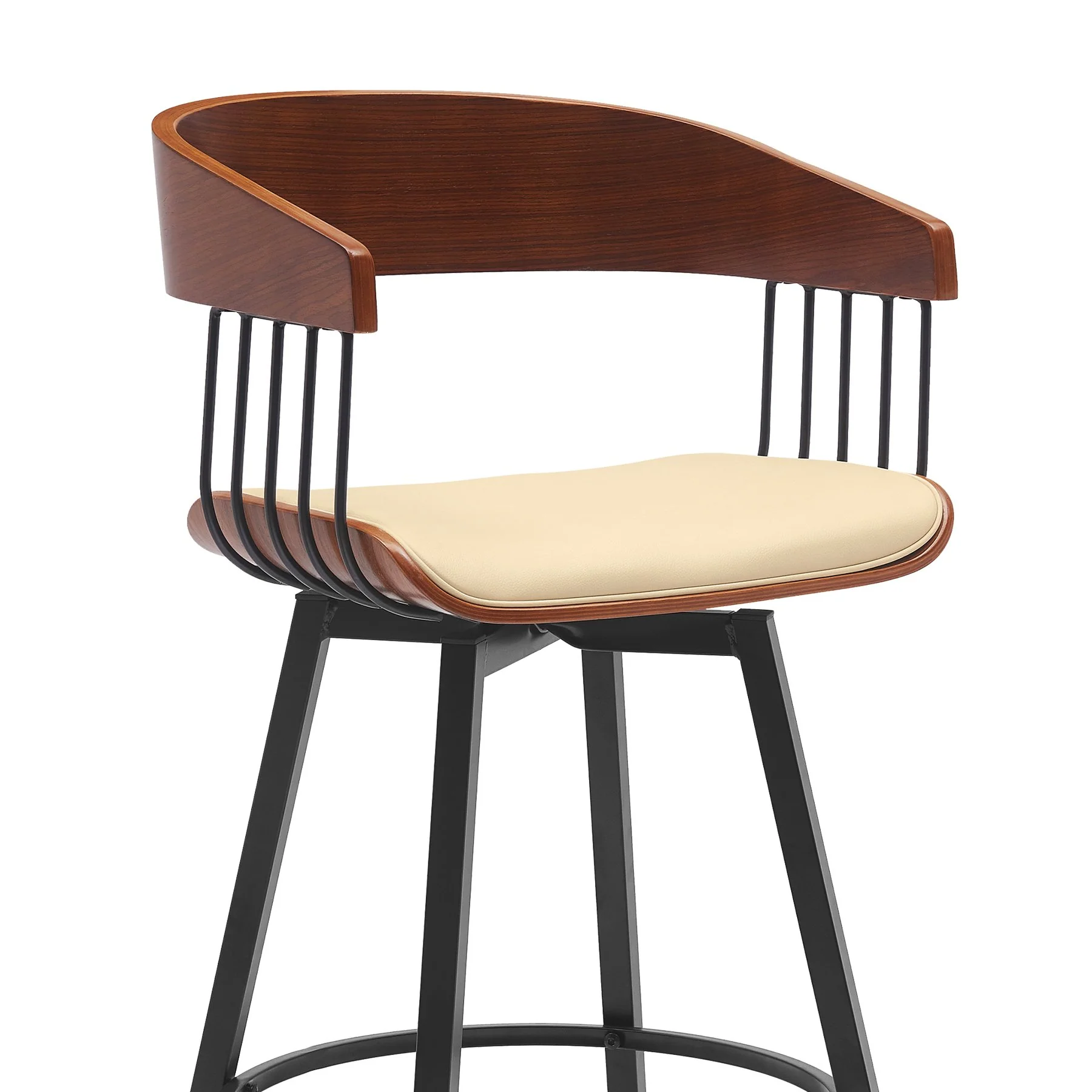 Athena 27" Swivel Walnut Wood Counter Stool in Cream Faux Leather with Black Metal - Image 4