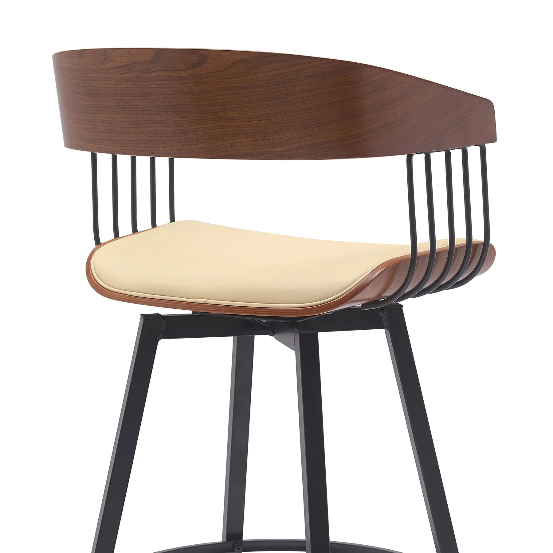 Athena 27" Swivel Walnut Wood Counter Stool in Cream Faux Leather with Black Metal - Image 5