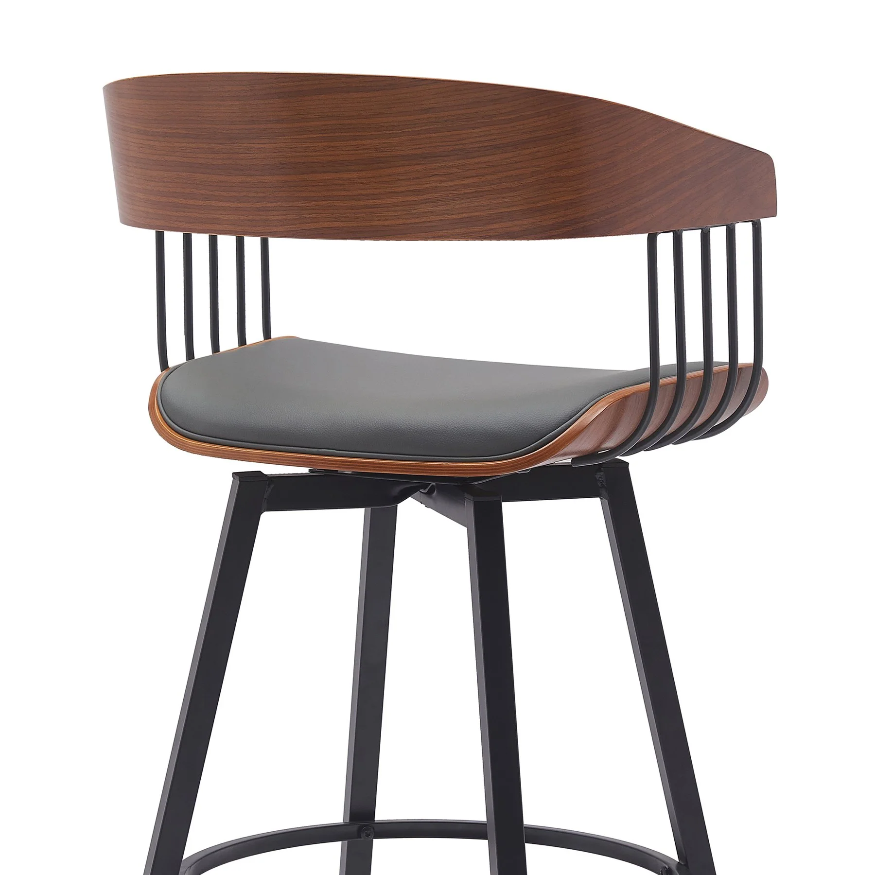 Athena 27" Swivel Walnut Wood Counter Stool in Gray Faux Leather with Black Metal - Image 5