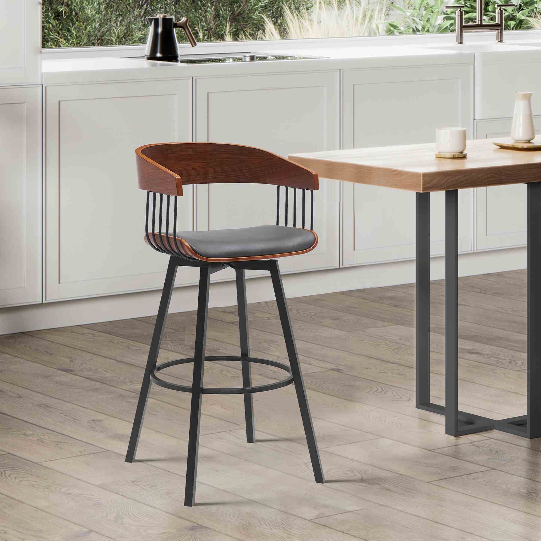 Athena 27" Swivel Walnut Wood Counter Stool in Gray Faux Leather with Black Metal - Image 9