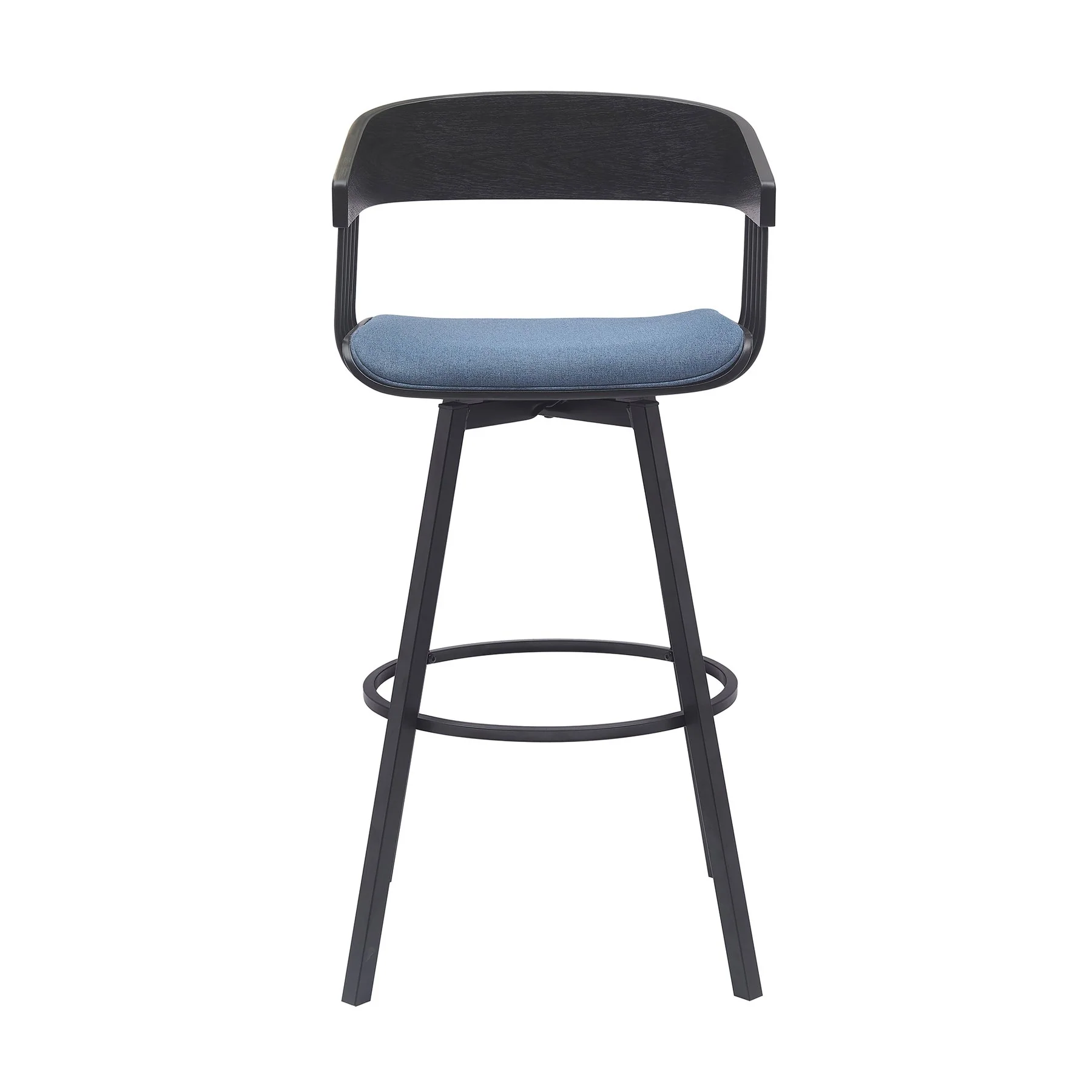Athena 31" Swivel Black Wood Bar Stool in Blue Fabric with Black Metal - Image 2