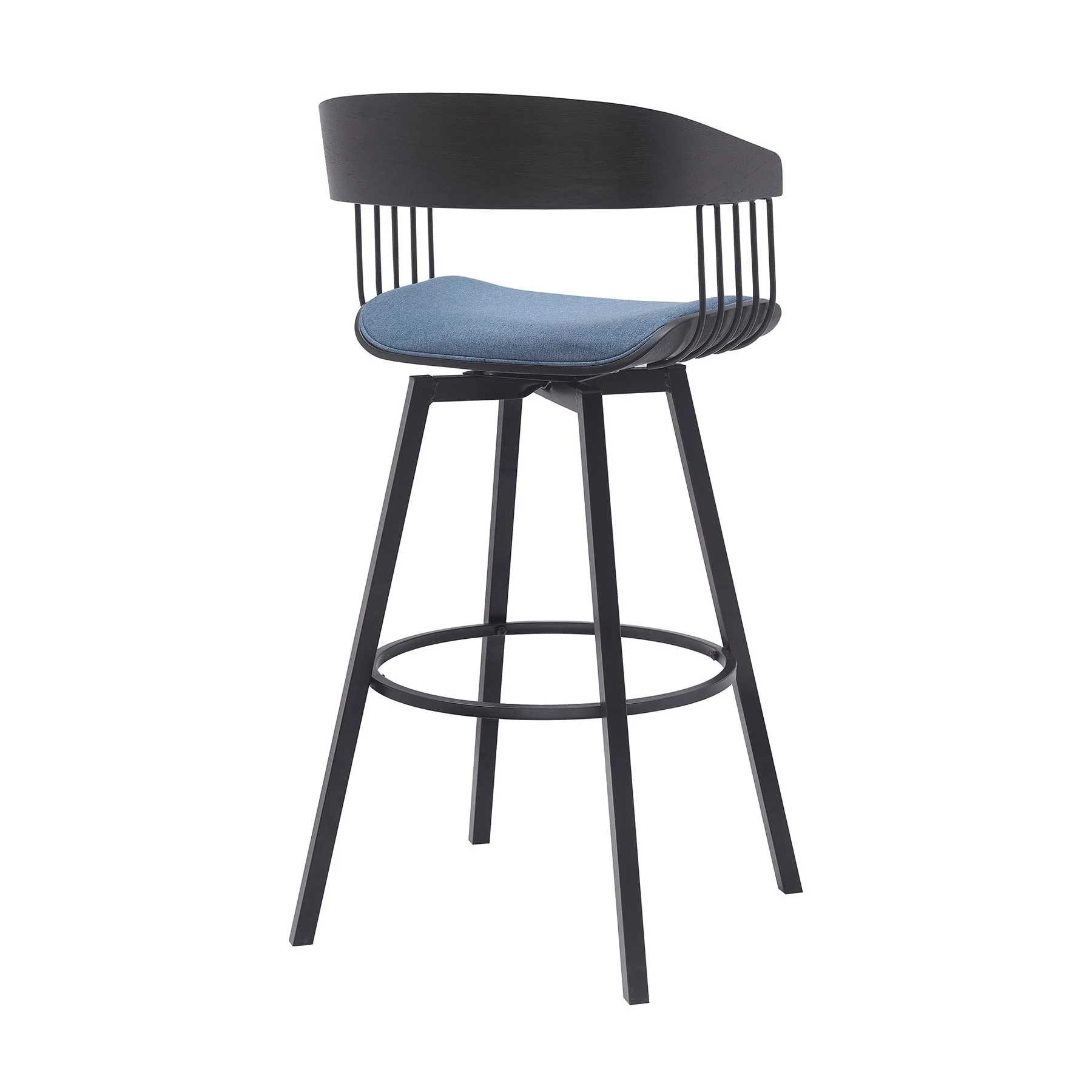 Athena 31" Swivel Black Wood Bar Stool in Blue Fabric with Black Metal - Image 3
