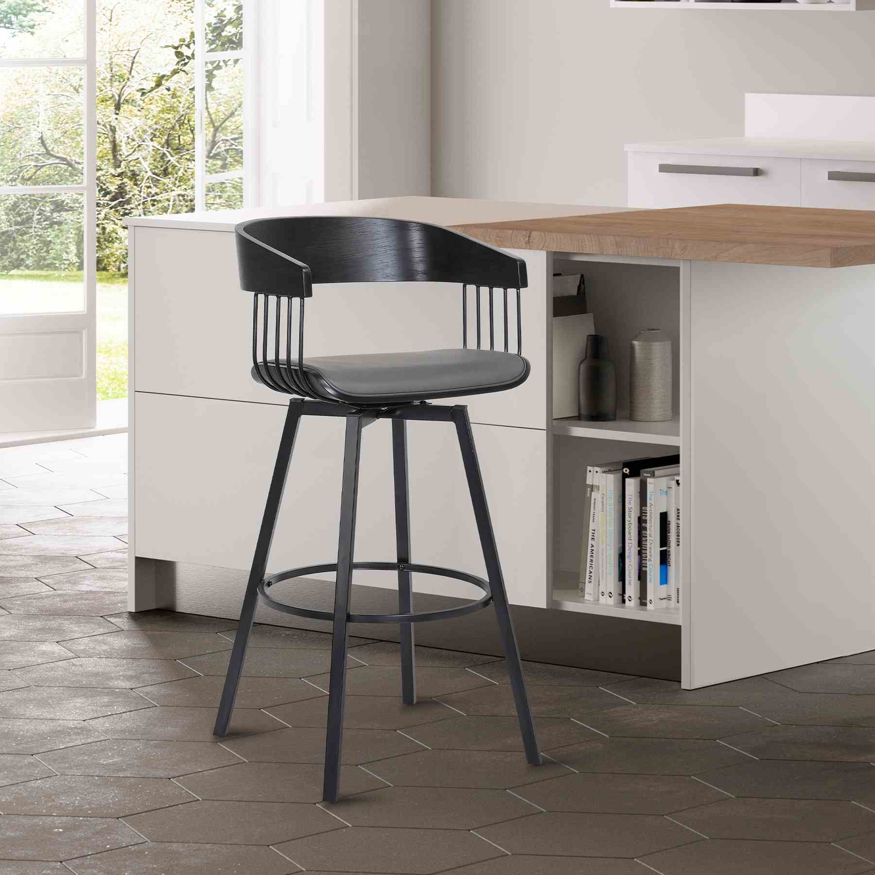 Athena 31" Swivel Black Wood Bar Stool in Gray Faux Leather with Black Metal - Image 10