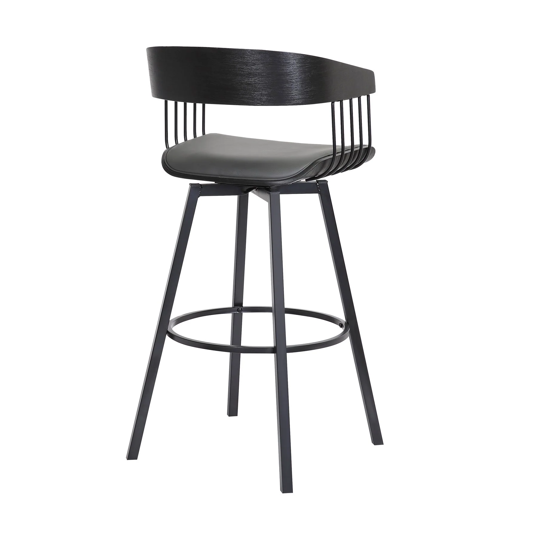 Athena 31" Swivel Black Wood Bar Stool in Gray Faux Leather with Black Metal - Image 4