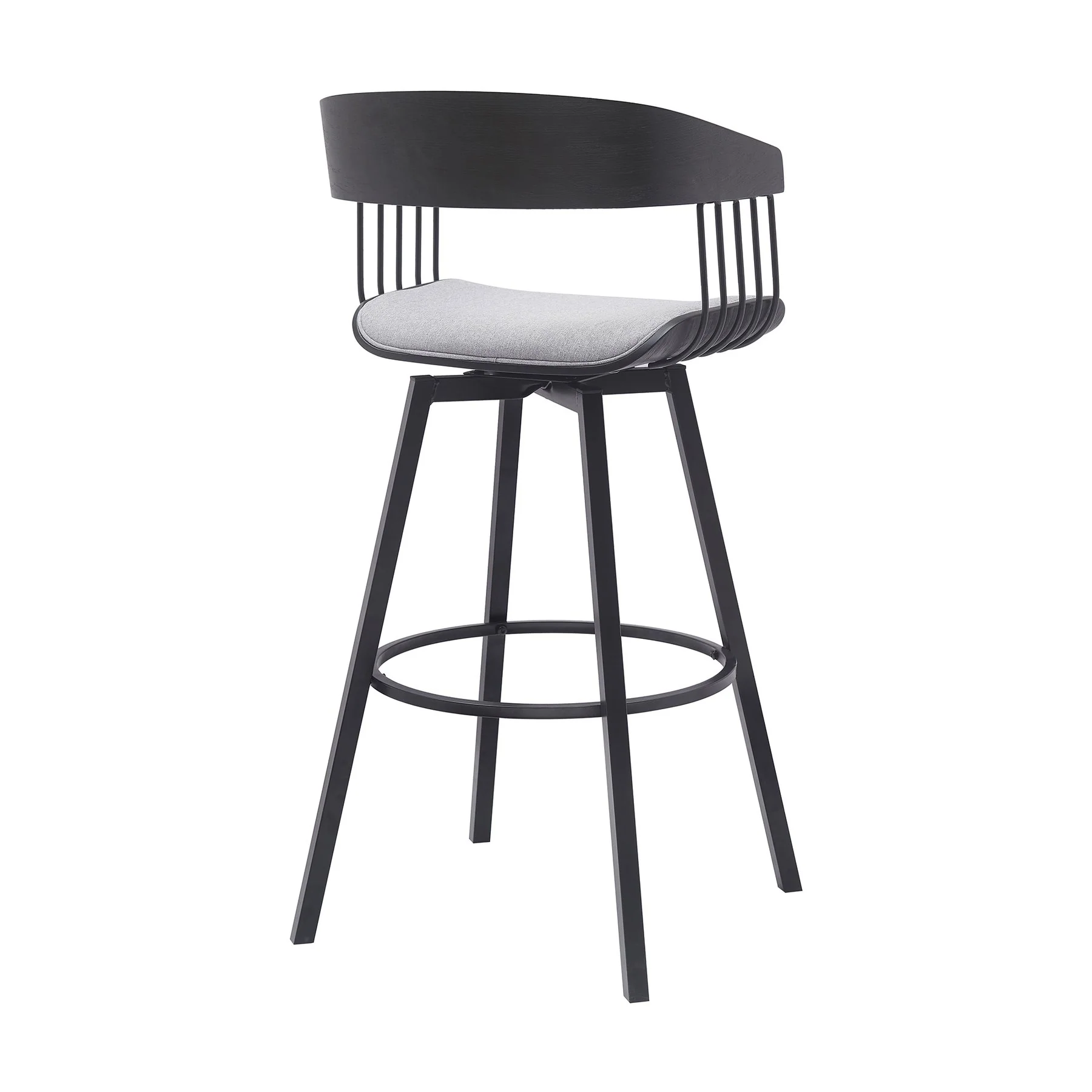 Athena 31" Swivel Black Wood Bar Stool in Light Gray Fabric with Black Metal - Image 3