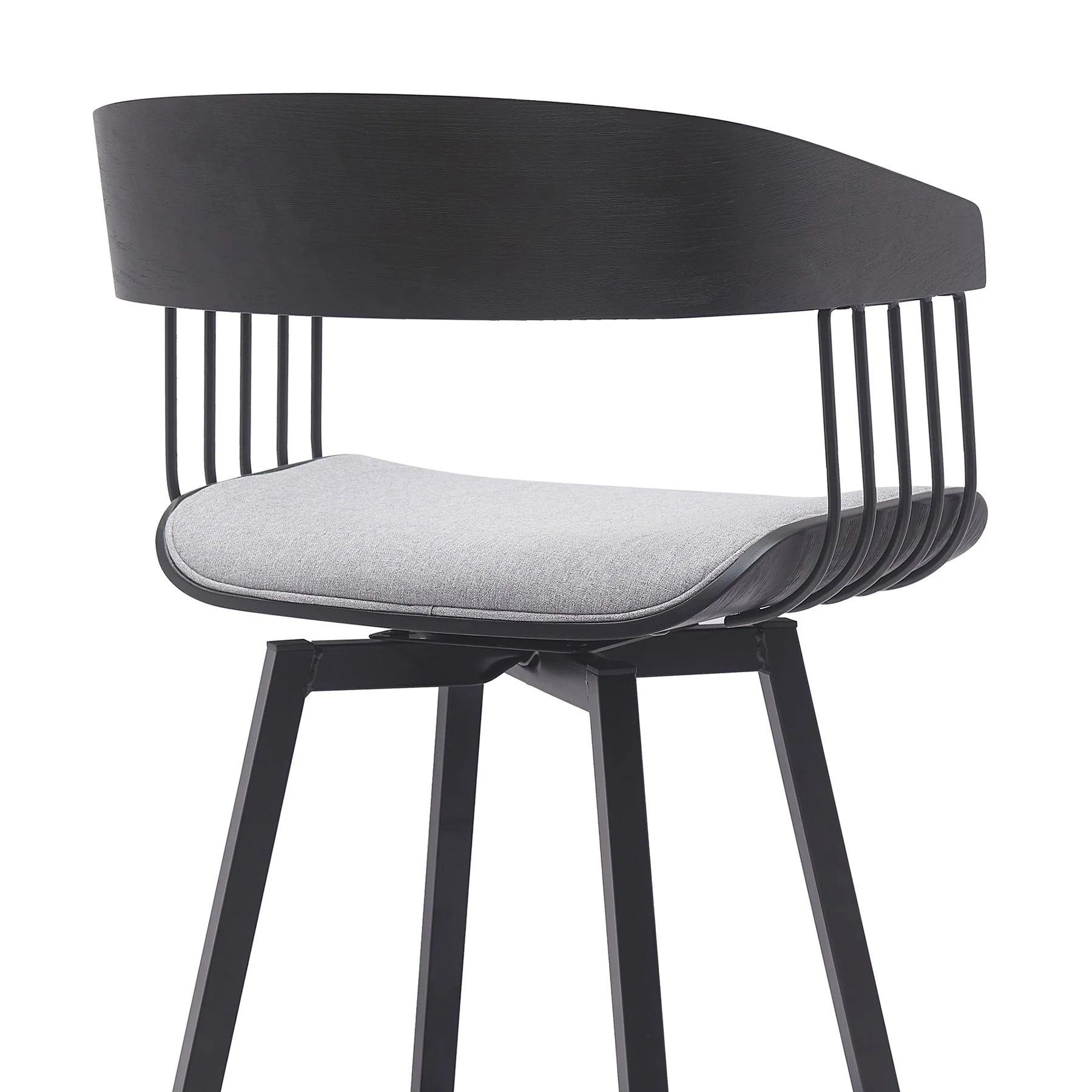 Athena 31" Swivel Black Wood Bar Stool in Light Gray Fabric with Black Metal - Image 5