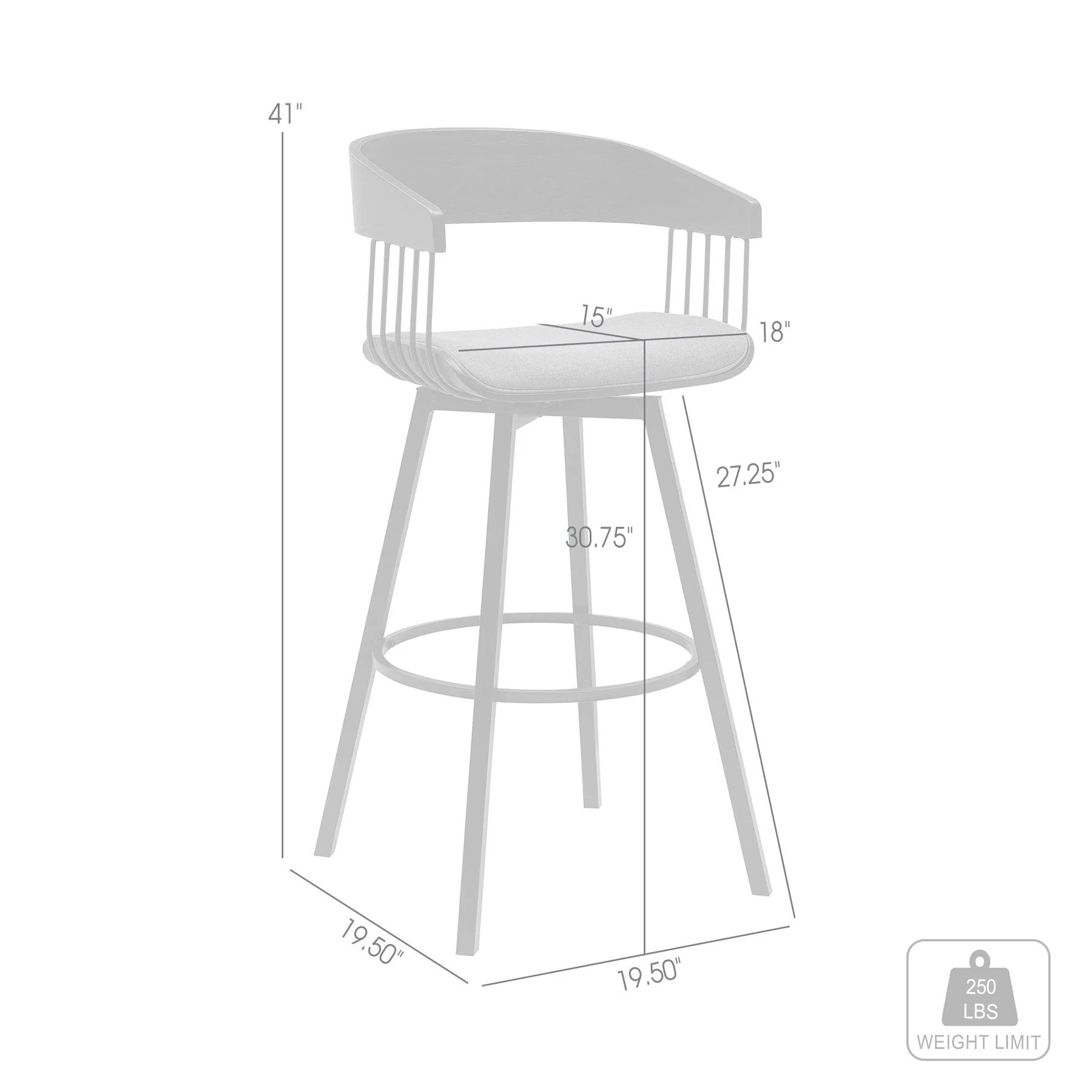Athena 31" Swivel Black Wood Bar Stool in Light Gray Fabric with Black Metal - Image 7