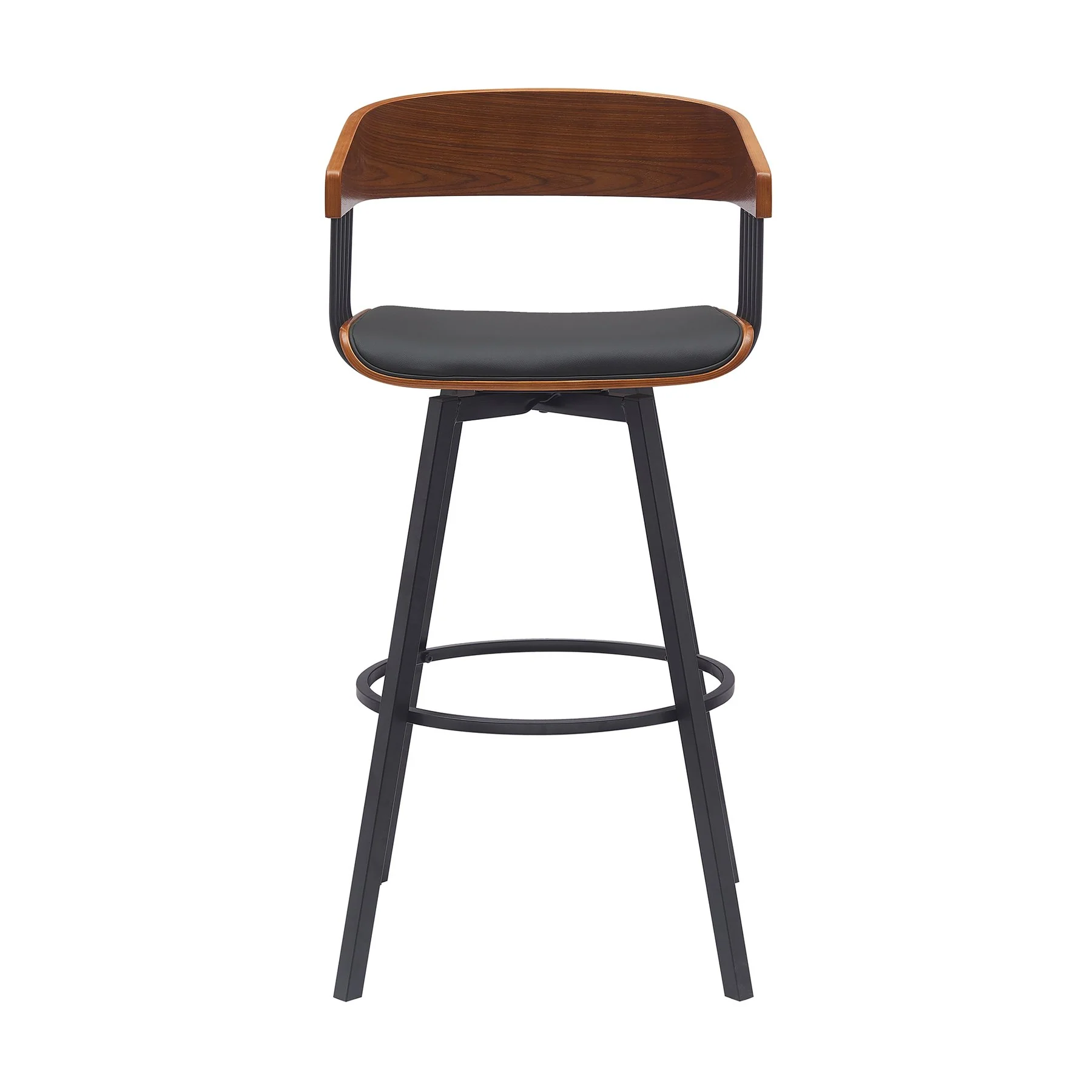 Athena 31" Swivel Walnut Wood Bar Stool in Black Faux Leather with Black Metal - Image 2