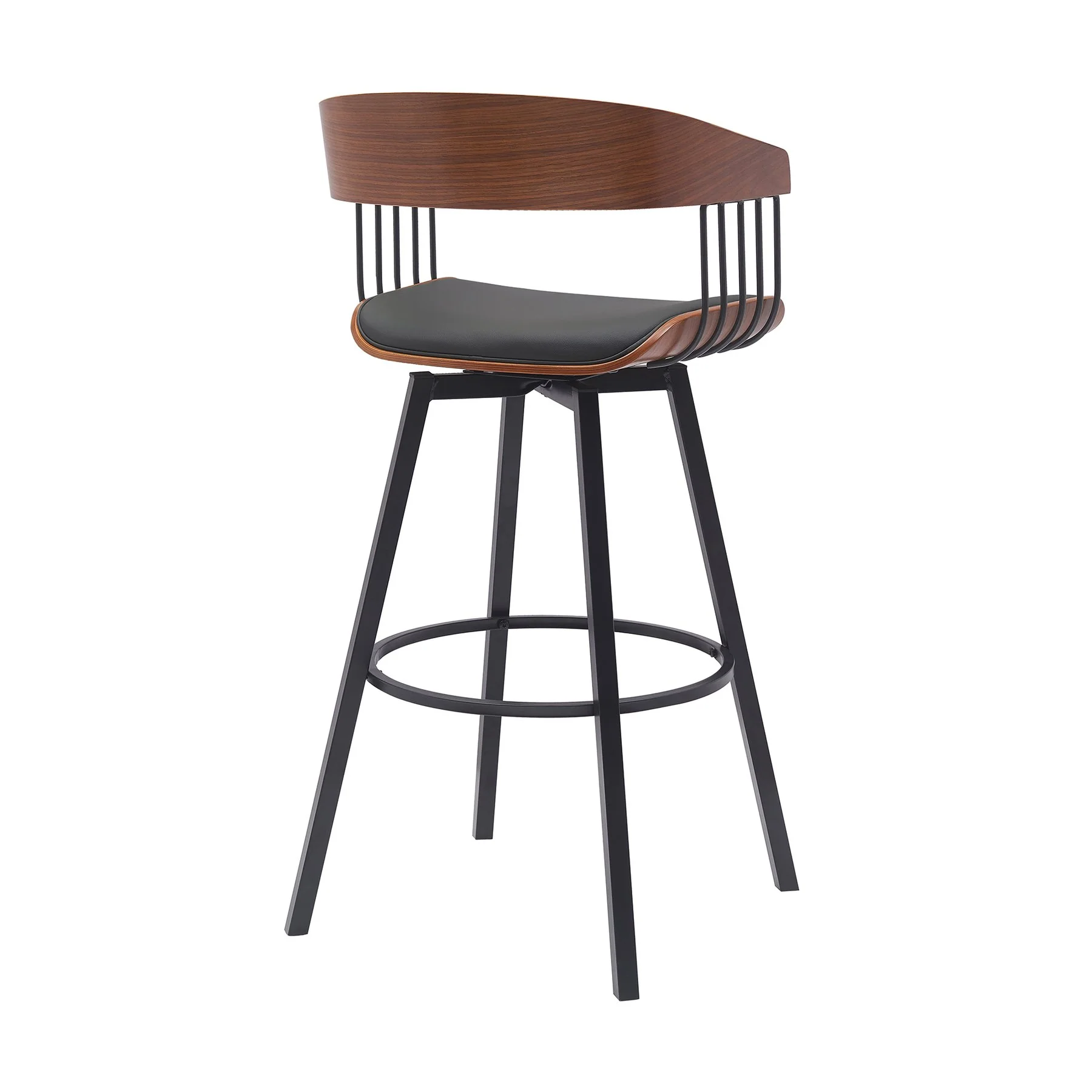 Athena 31" Swivel Walnut Wood Bar Stool in Black Faux Leather with Black Metal - Image 3