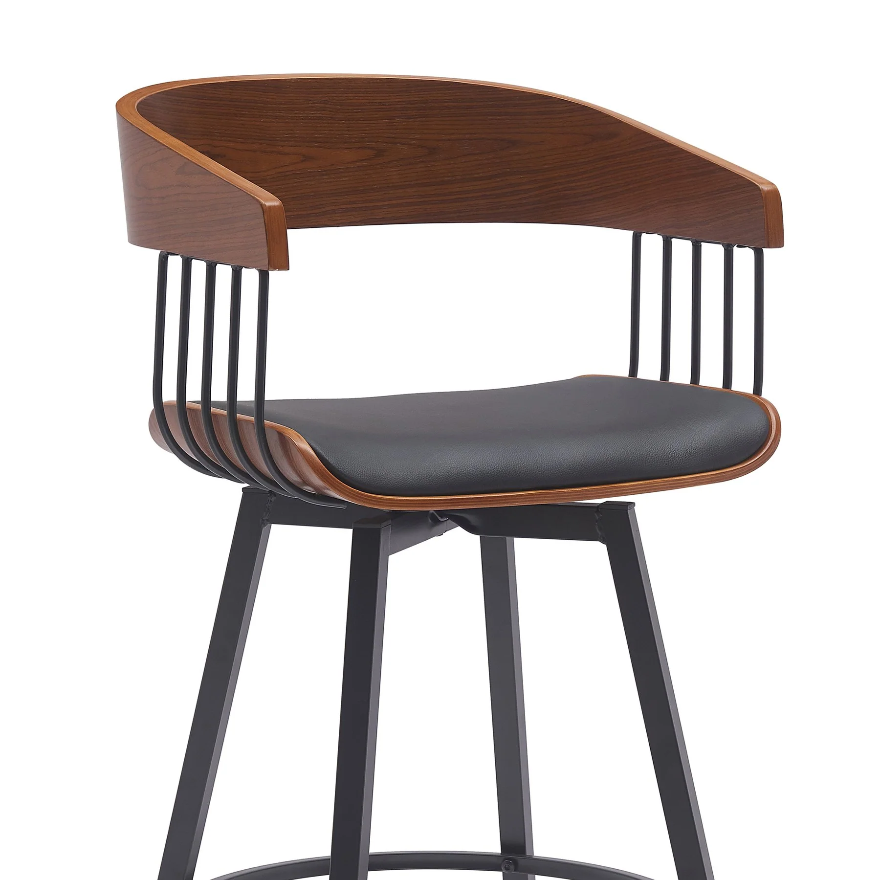Athena 31" Swivel Walnut Wood Bar Stool in Black Faux Leather with Black Metal - Image 4