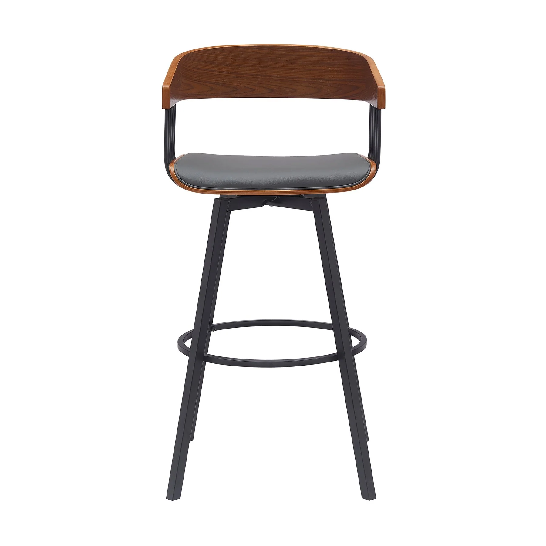 Athena 31" Swivel Walnut Wood Bar Stool in Gray Faux Leather with Black Metal - Image 2