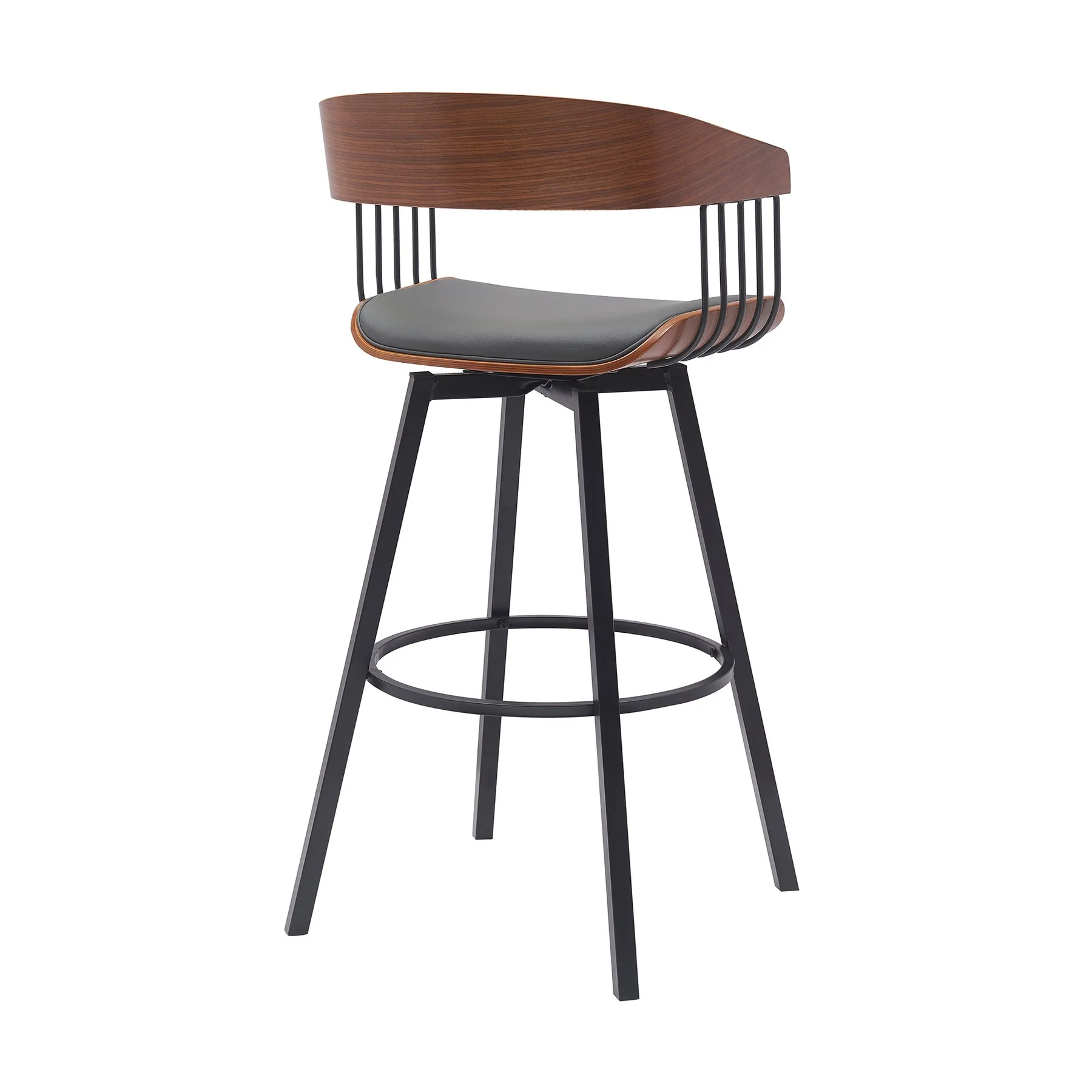 Athena 31" Swivel Walnut Wood Bar Stool in Gray Faux Leather with Black Metal - Image 3