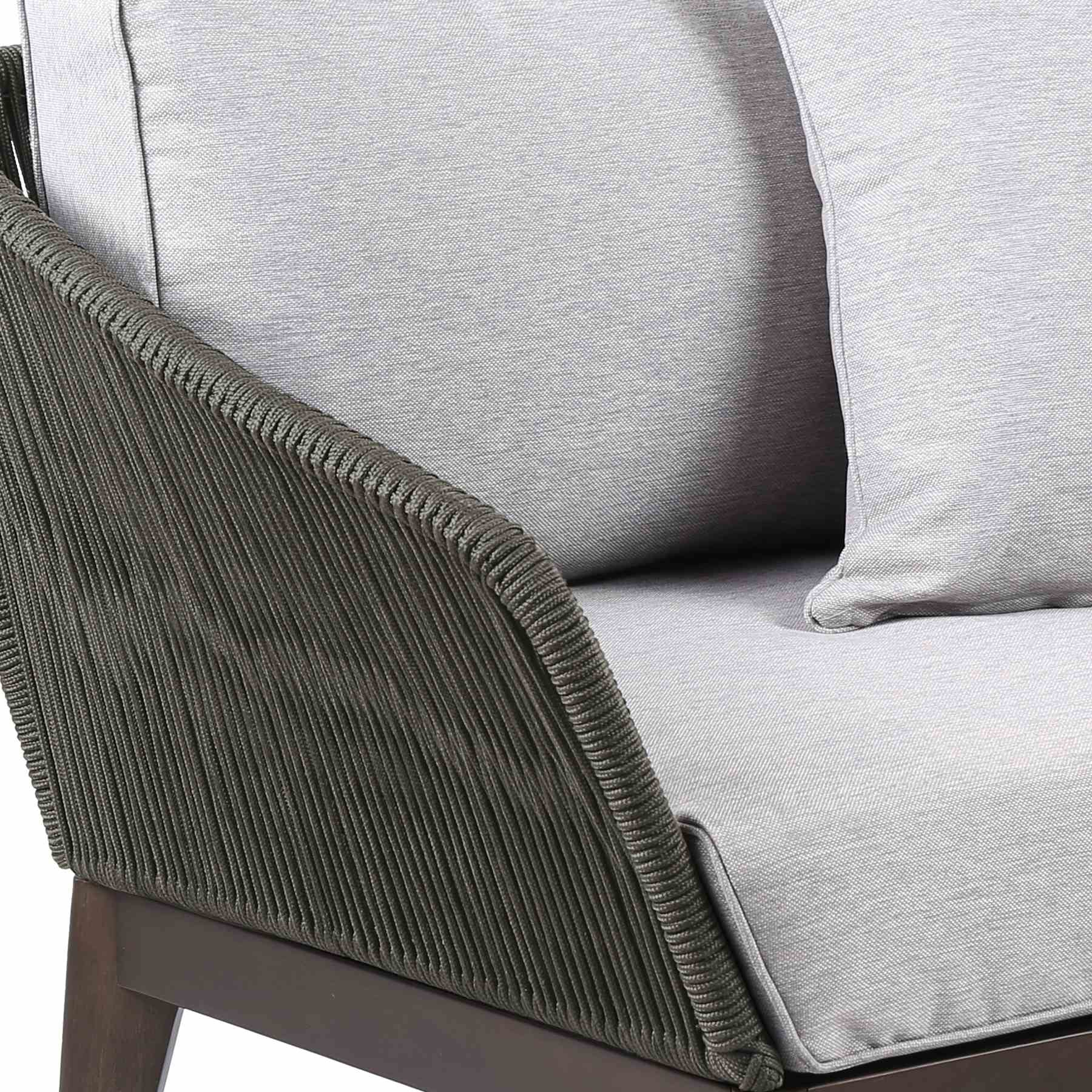 Athos Indoor Outdoor Club Chair in Dark Eucalyptus Wood with Charcoal Rope and Gray Cushions - Image 3