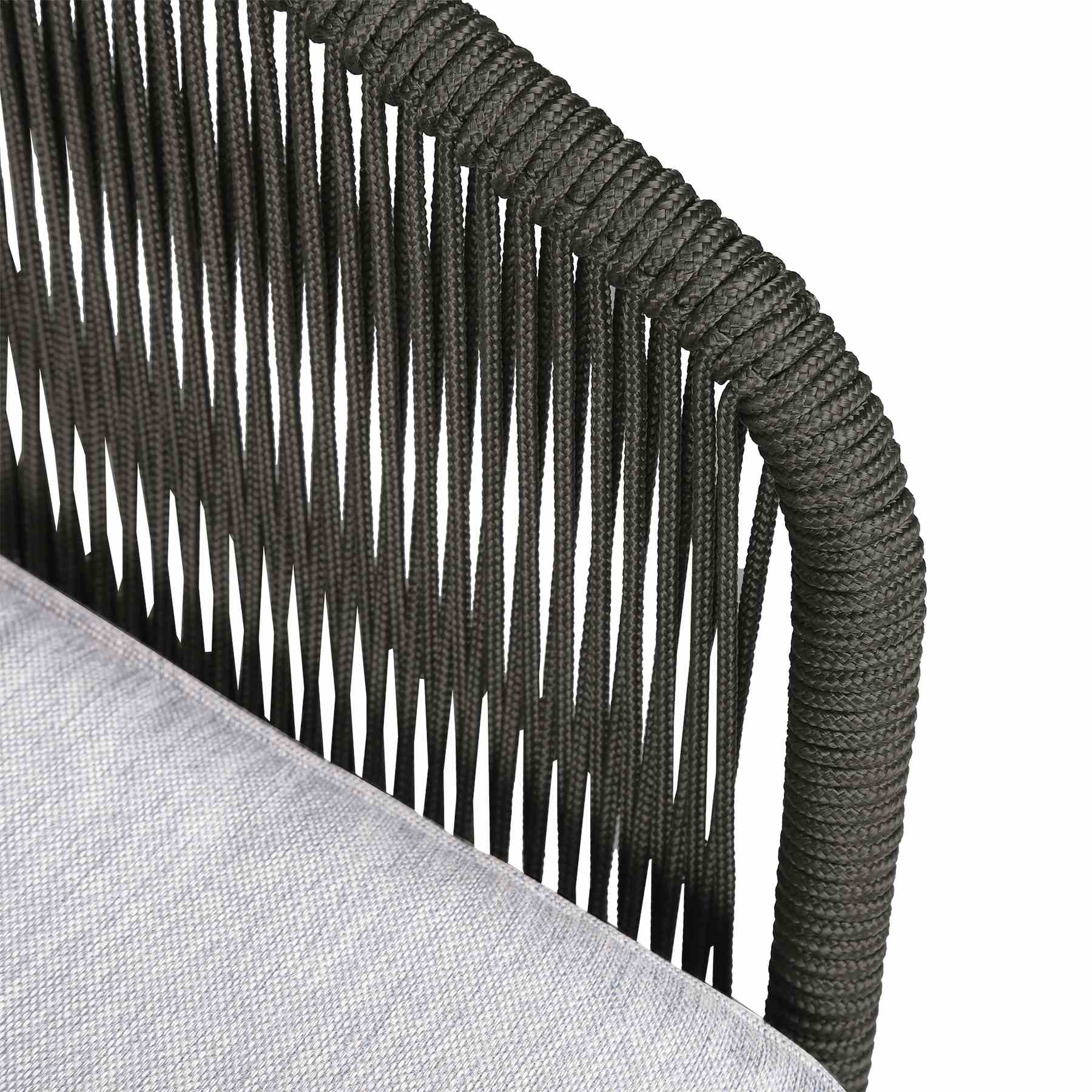 Athos Indoor Outdoor Club Chair in Dark Eucalyptus Wood with Charcoal Rope and Gray Cushions - Image 5