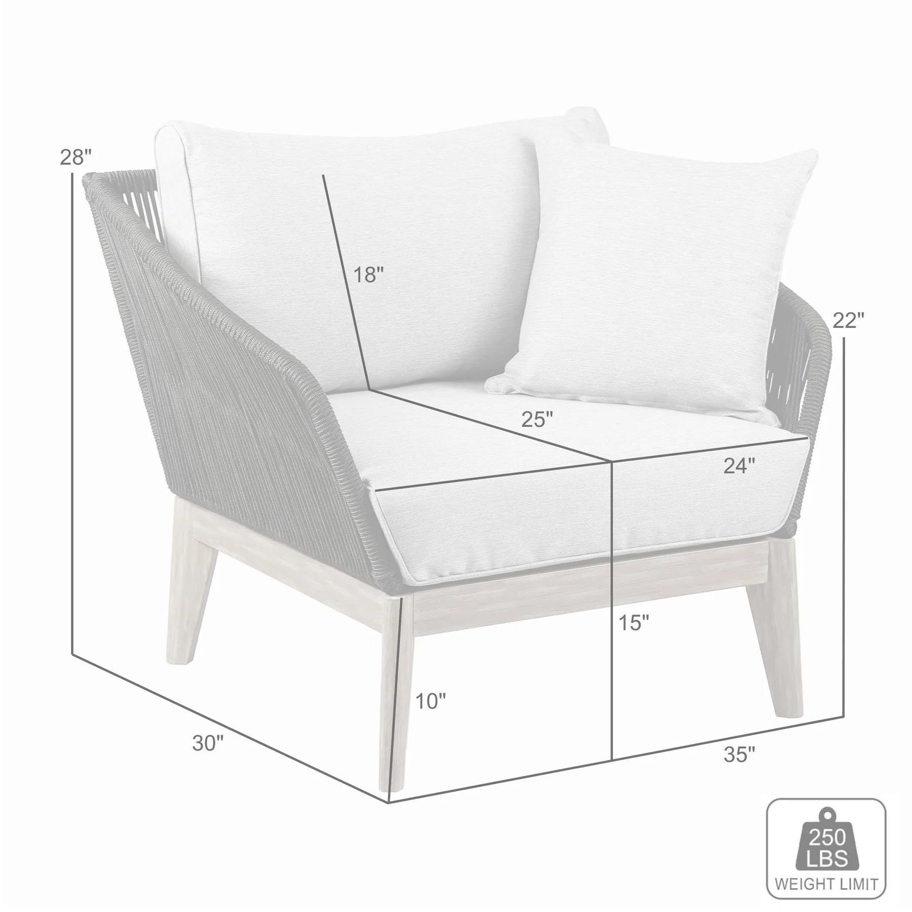 Athos Indoor Outdoor Club Chair in Dark Eucalyptus Wood with Charcoal Rope and Gray Cushions - Image 7