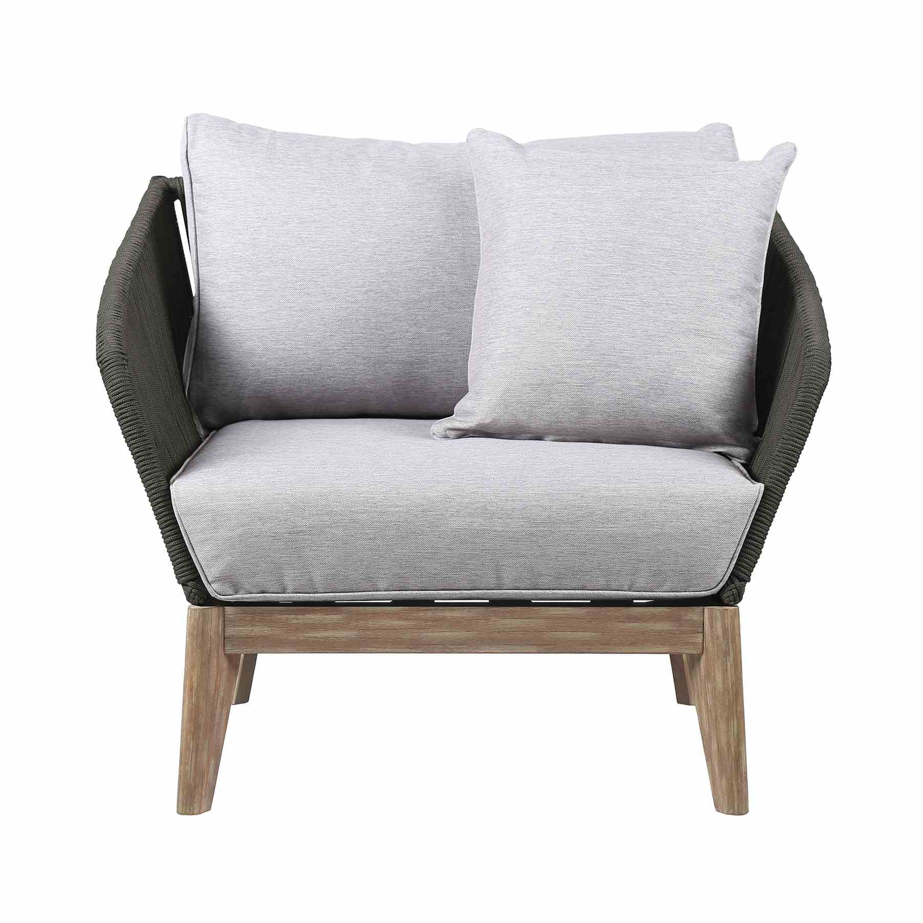Athos Indoor Outdoor Club Chair in Light Eucalyptus Wood with Charcoal Rope and Gray Cushions - Image 2