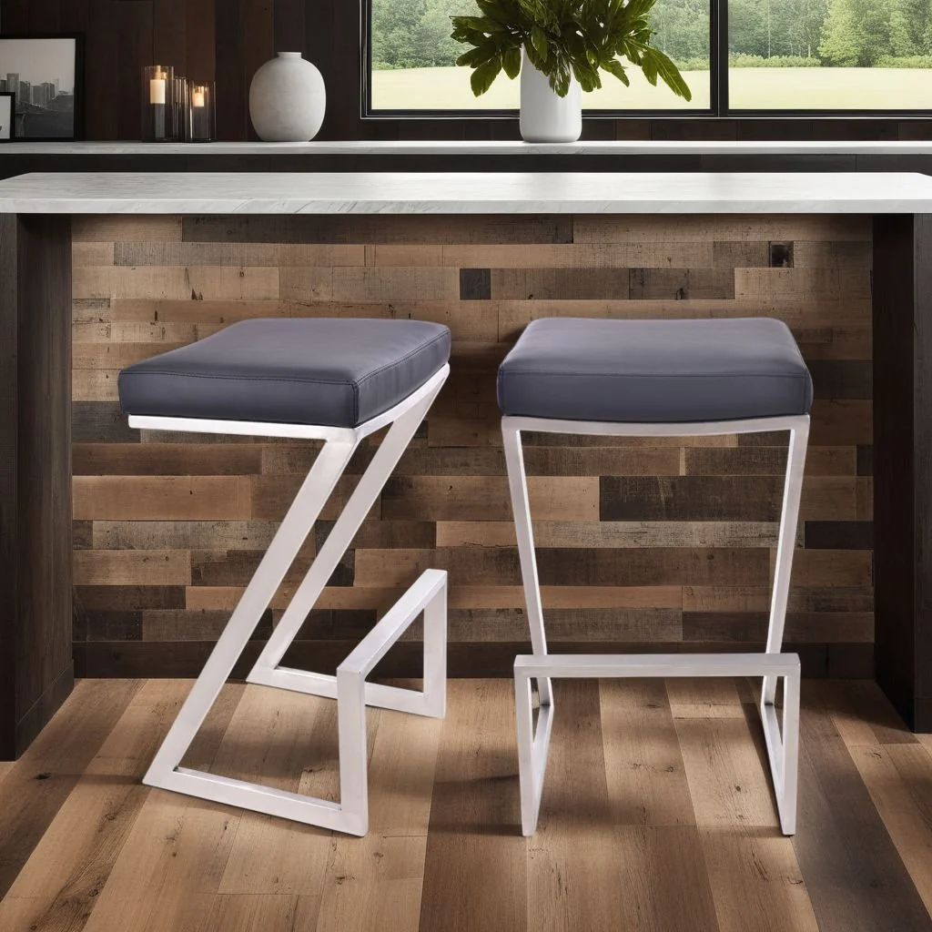 Atlantis 26" Counter Height Backless Black Faux Leather and Brushed Stainless Steel Bar Stool - Image 6