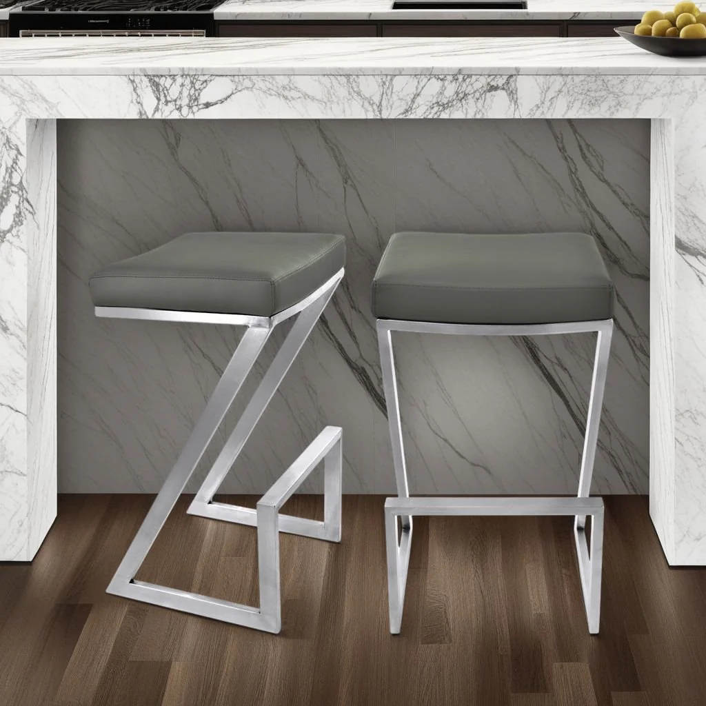 Atlantis 26" Counter Height Backless Gray Faux Leather and Brushed Stainless Steel Bar Stool - Image 6