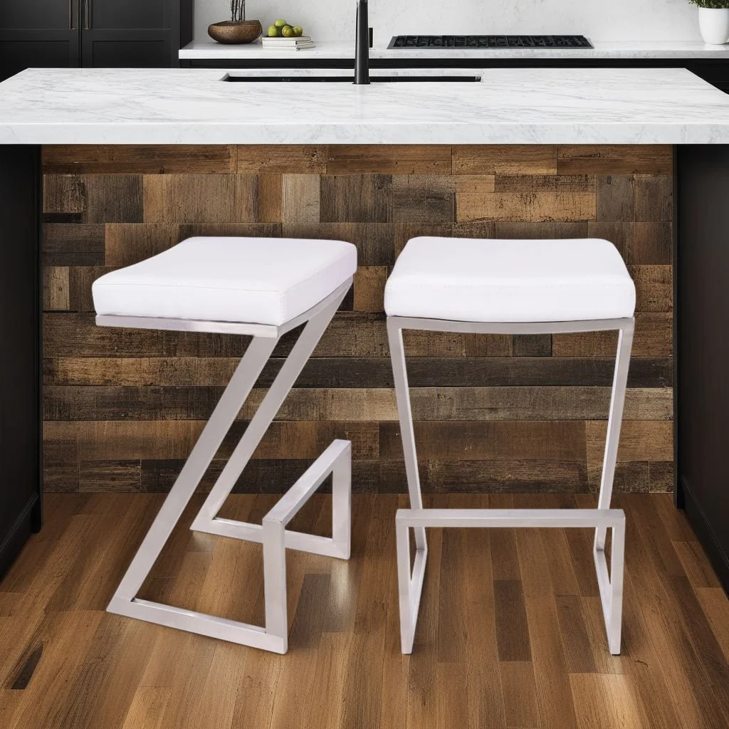 Atlantis 26" Counter Height Backless White Faux Leather and Brushed Stainless Steel Bar Stool - Image 6