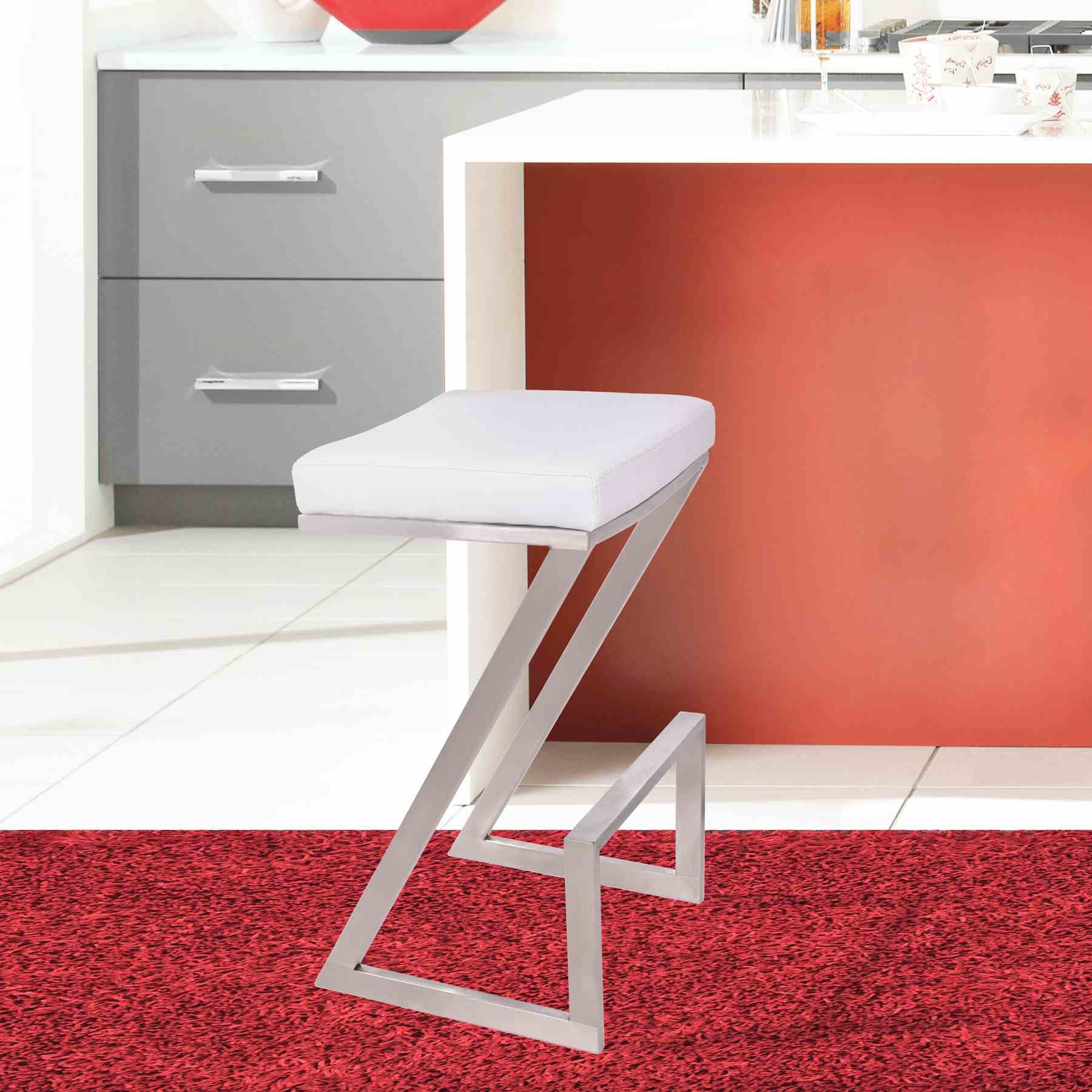 Atlantis 30" Bar Height Backless White Faux Leather and Brushed Stainless Steel Bar Stool - Image 5