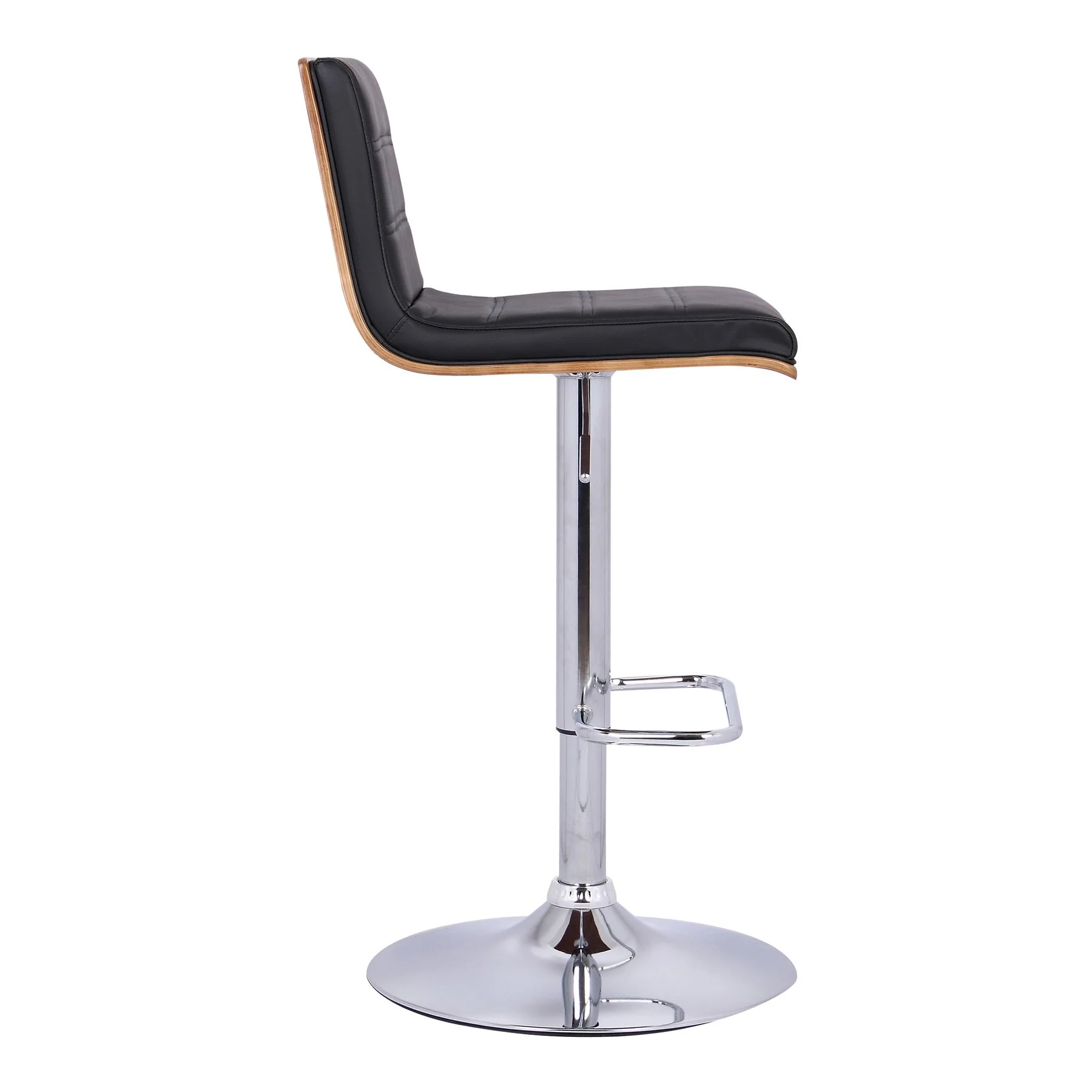 Aubrey Adjustable Height Swivel Black Faux Leather and Chrome Bar Stool with Walnut Wood - Image 3