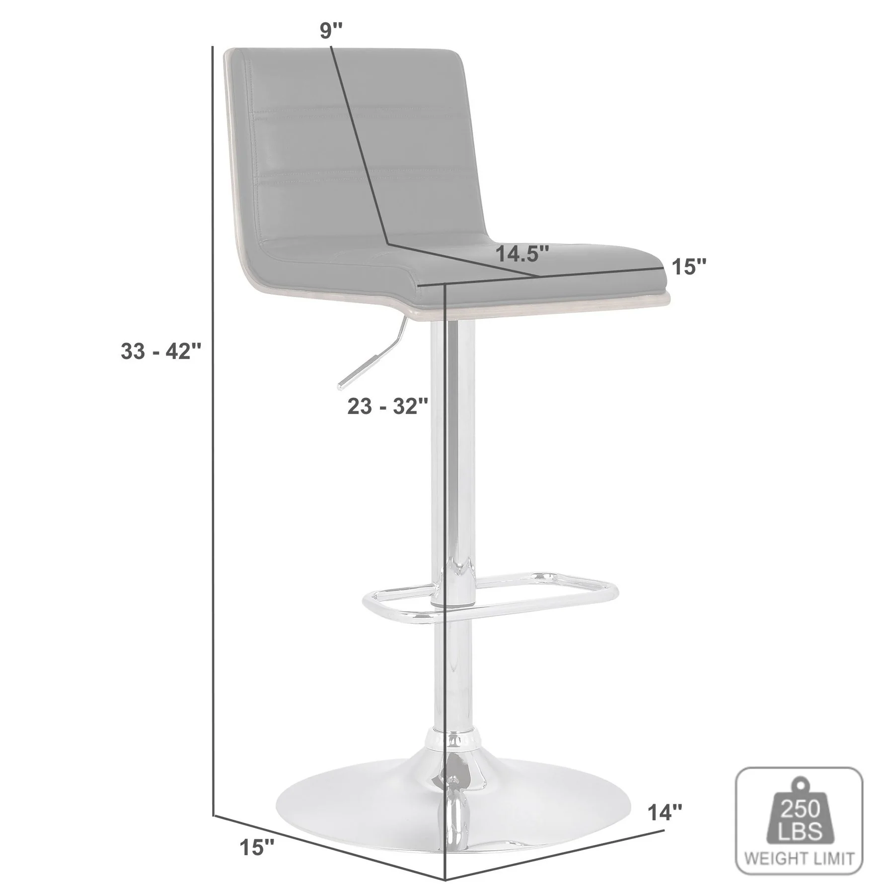Aubrey Adjustable Height Swivel Black Faux Leather and Chrome Bar Stool with Walnut Wood - Image 7