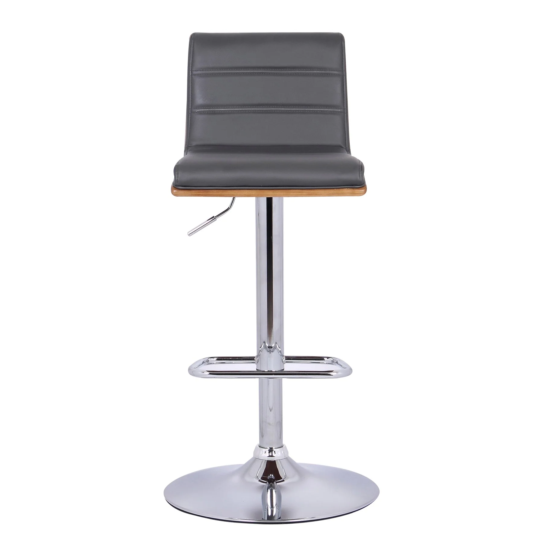 Aubrey Adjustable Height Swivel Gray Faux Leather and Chrome Bar Stool with Walnut Wood - Image 2