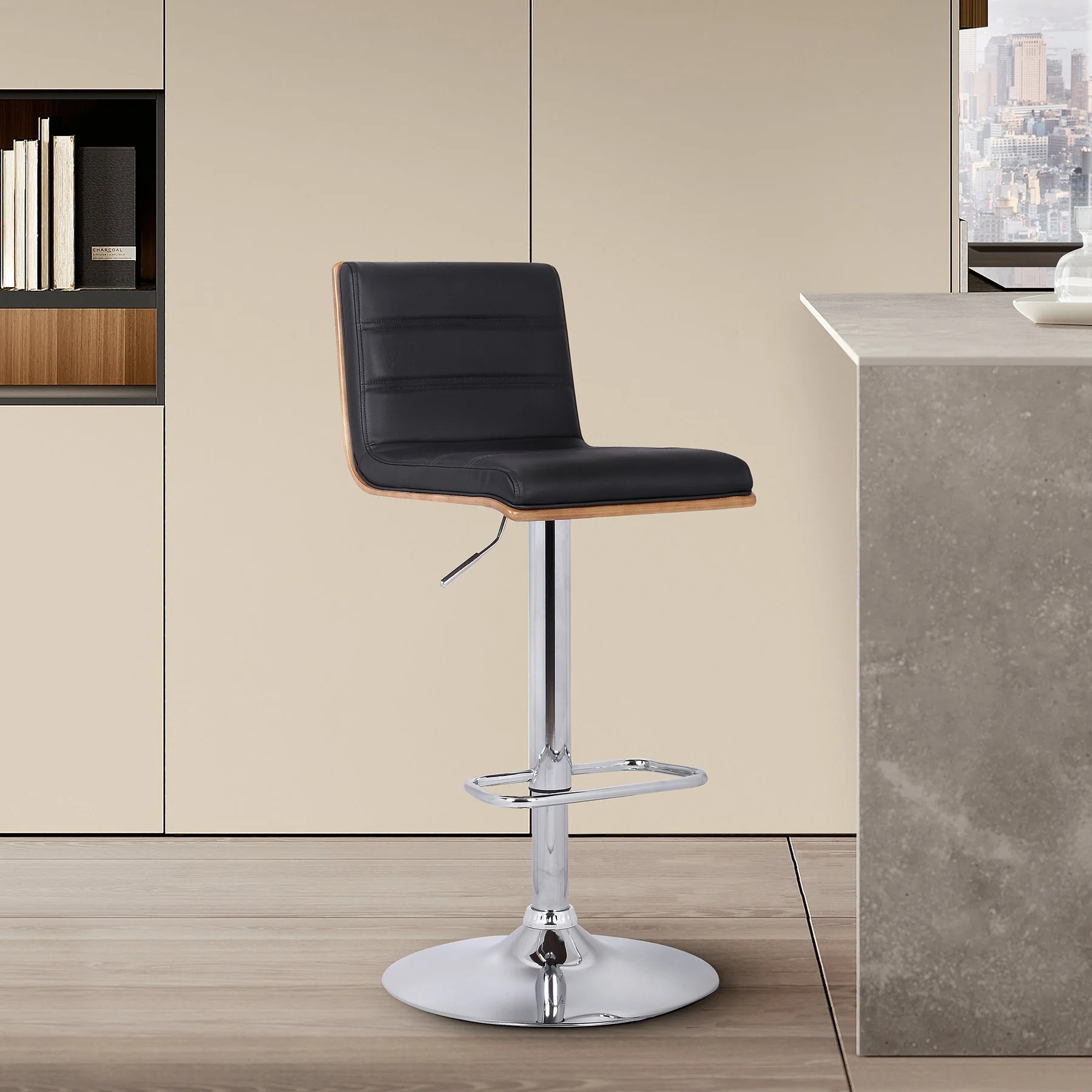 Aubrey Adjustable Height Swivel Gray Faux Leather and Chrome Bar Stool with Walnut Wood - Image 7