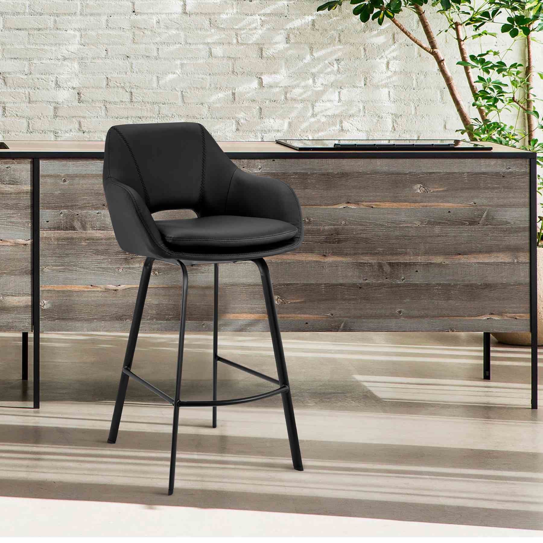 Aura Black Faux Leather and Black Metal Swivel 26" Counter Stool - Image 11