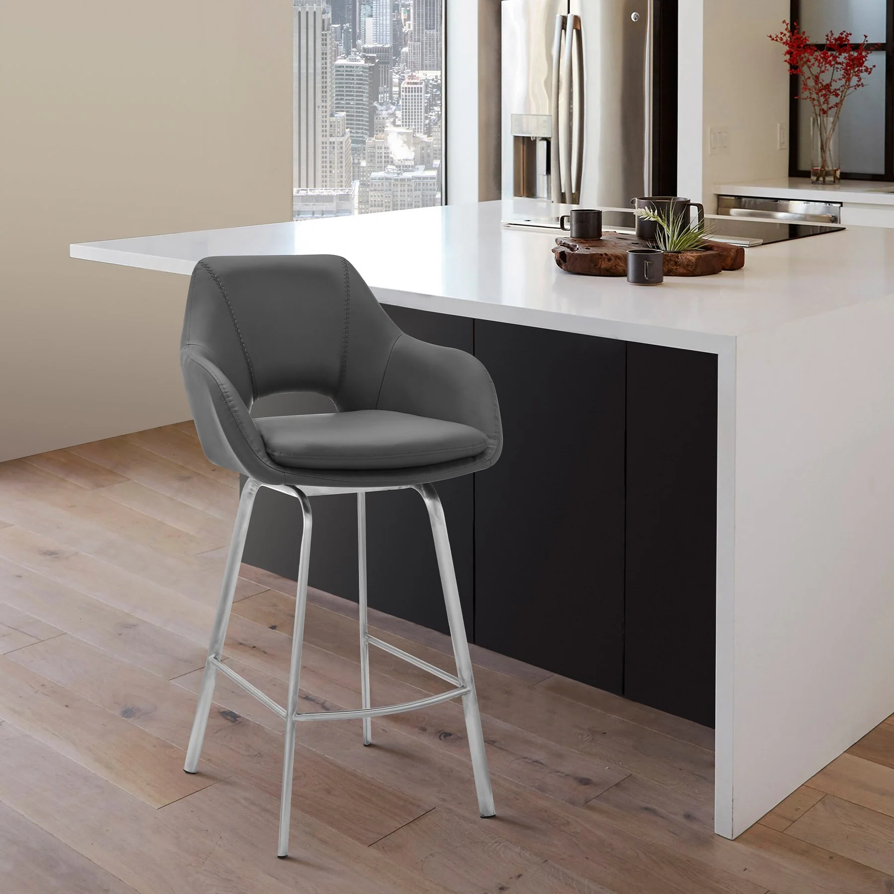 Aura Gray Faux Leather and Brushed Stainless Steel Swivel 26" Counter Stool - Image 11