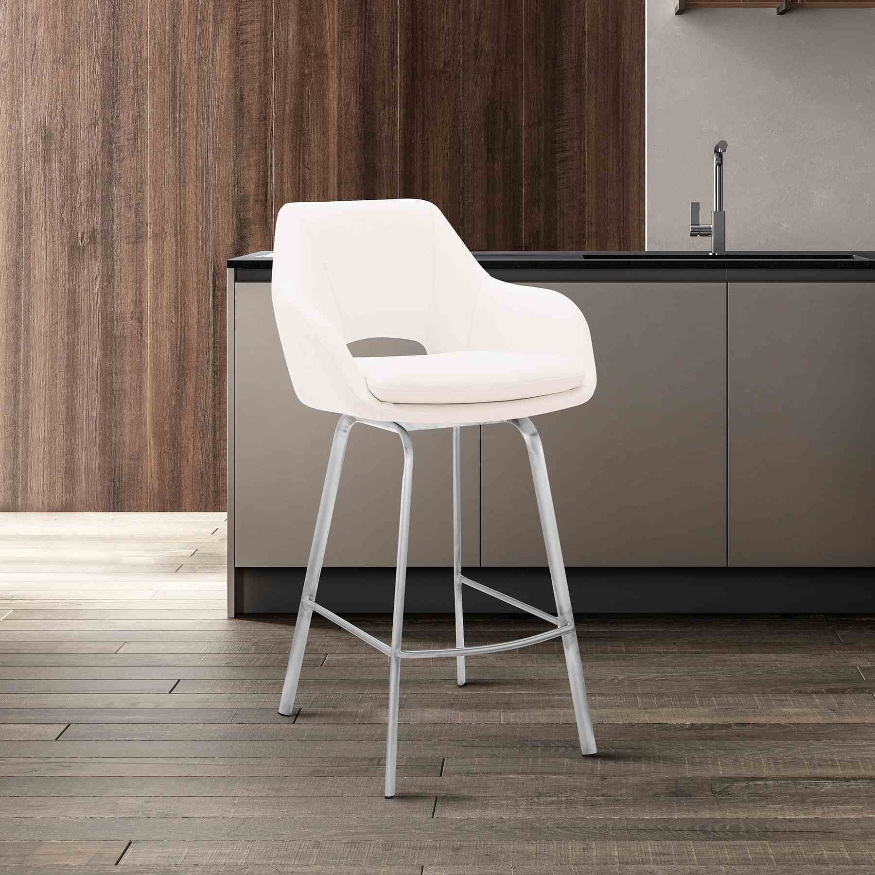 Aura White Faux Leather and Brushed Stainless Steel Swivel 30" Bar Stool - Image 11