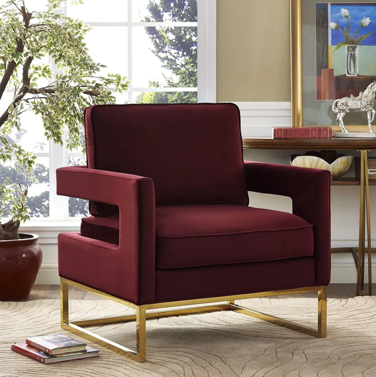 Avery Maroon Velvet Chair With Polished Gold Base - Image 2