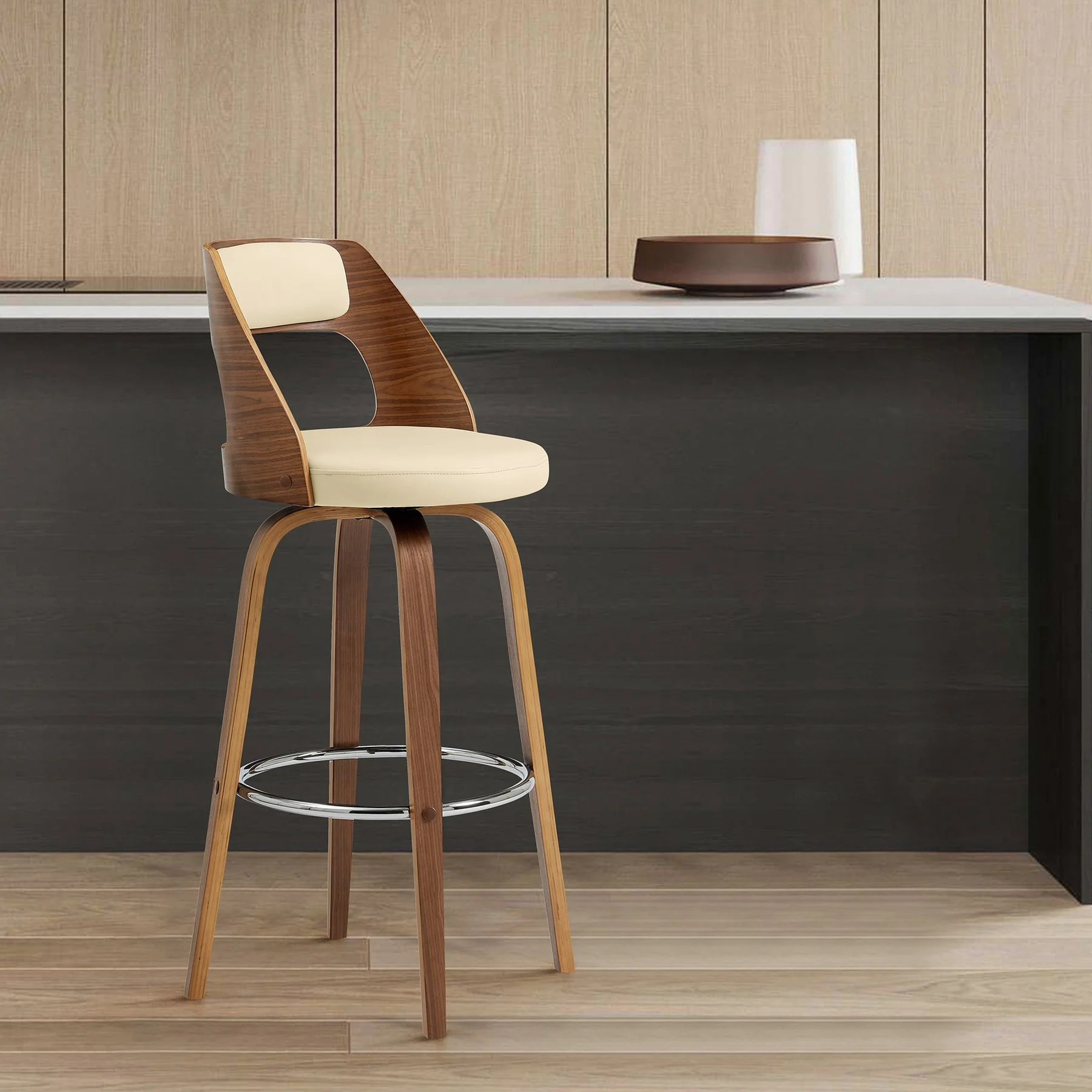 Axel 26" Swivel Counter Stool in Cream Faux Leather and Walnut Wood - Image 9