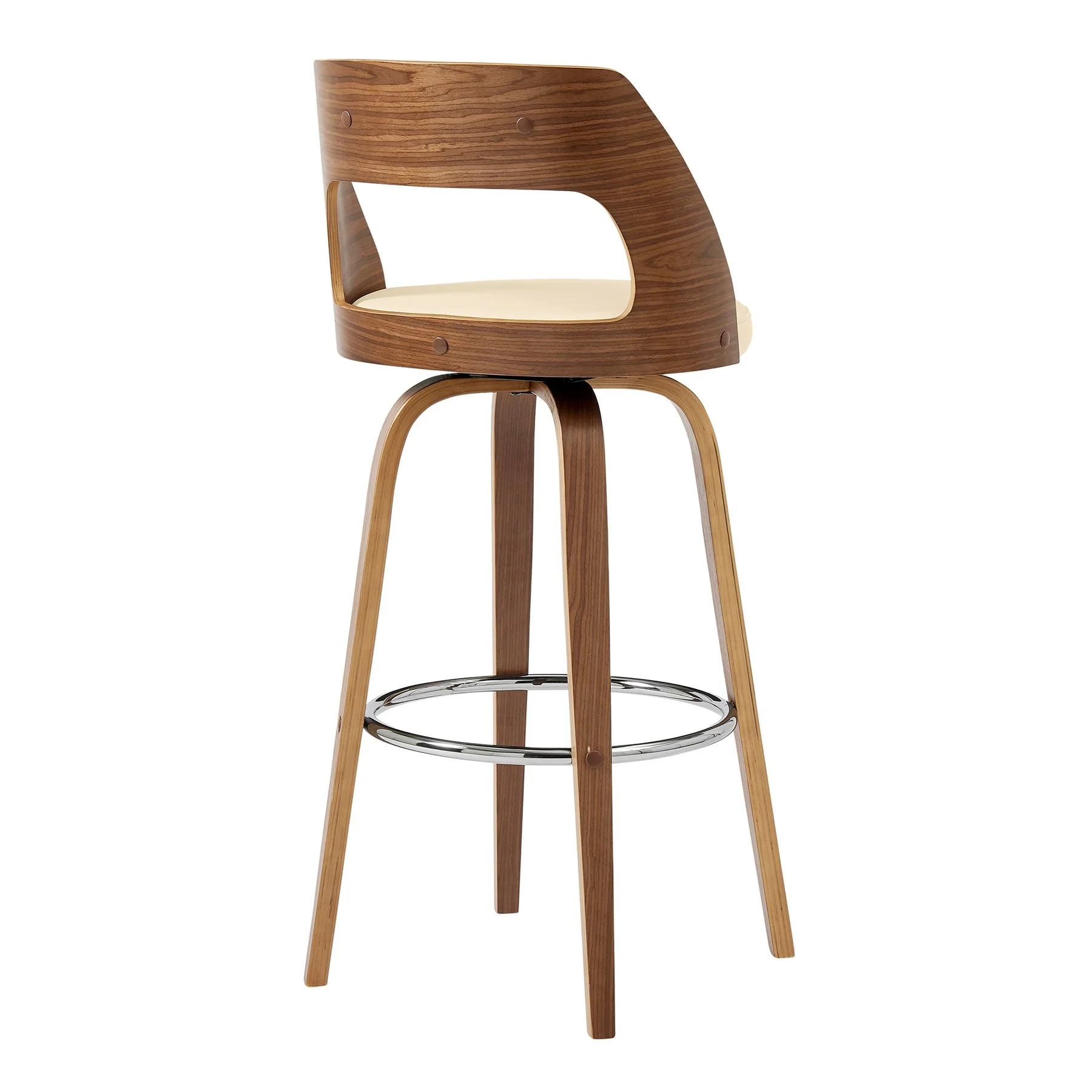 Axel 30" Swivel Bar Stool in Cream Faux Leather and Walnut Wood - Image 4