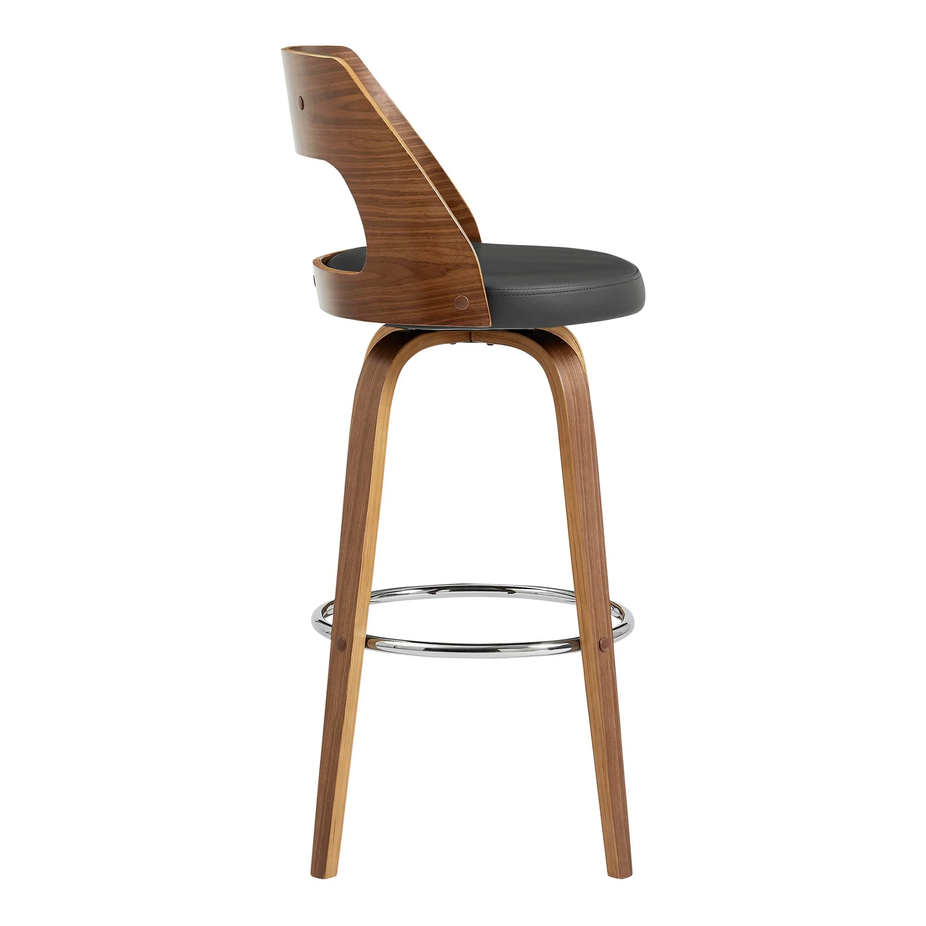 Axel 30" Swivel Bar Stool in Gray Faux Leather and Walnut Wood - Image 3