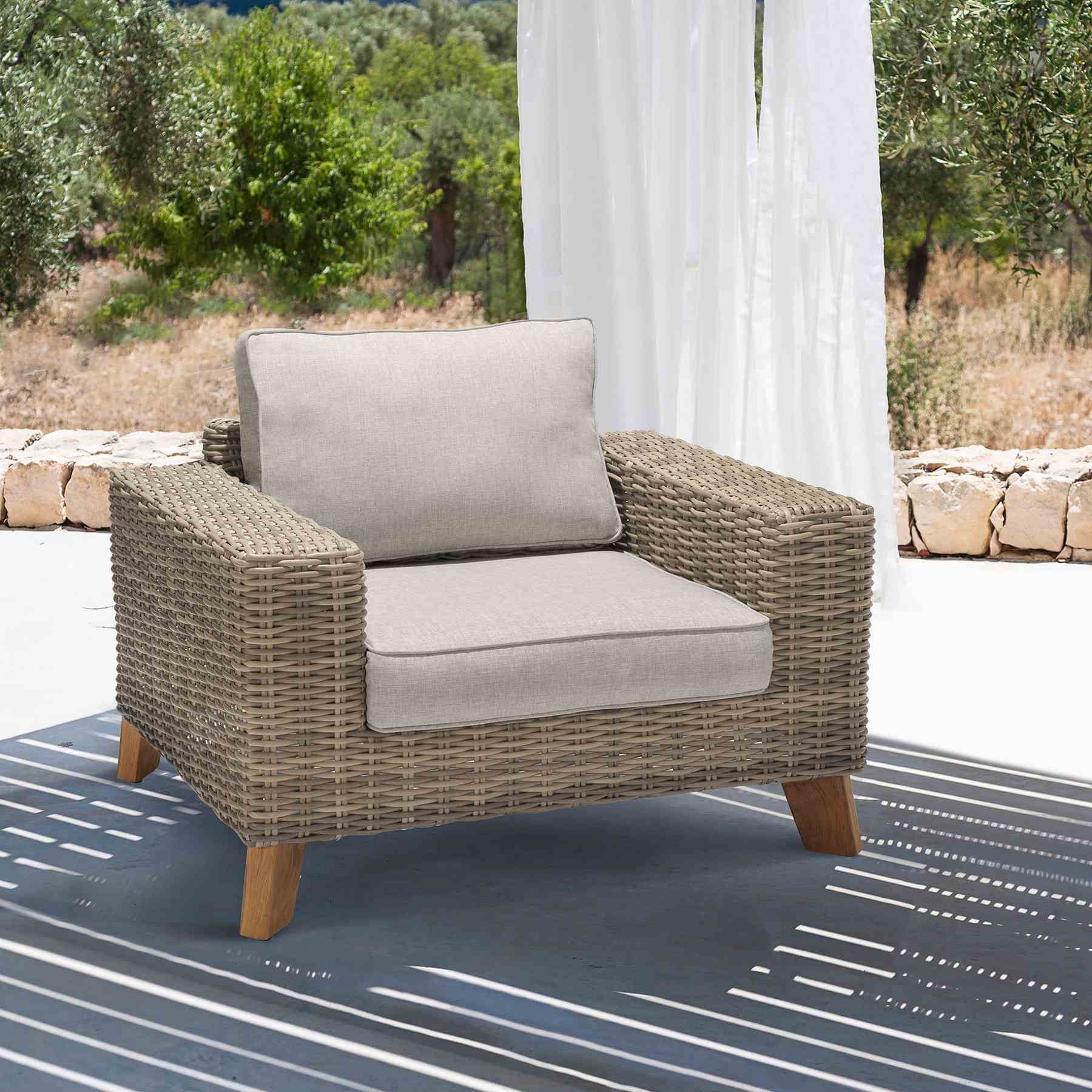Bahamas Outdoor Wicker & Teak Wood Lounge Chair with Beige Olefin - Image 9