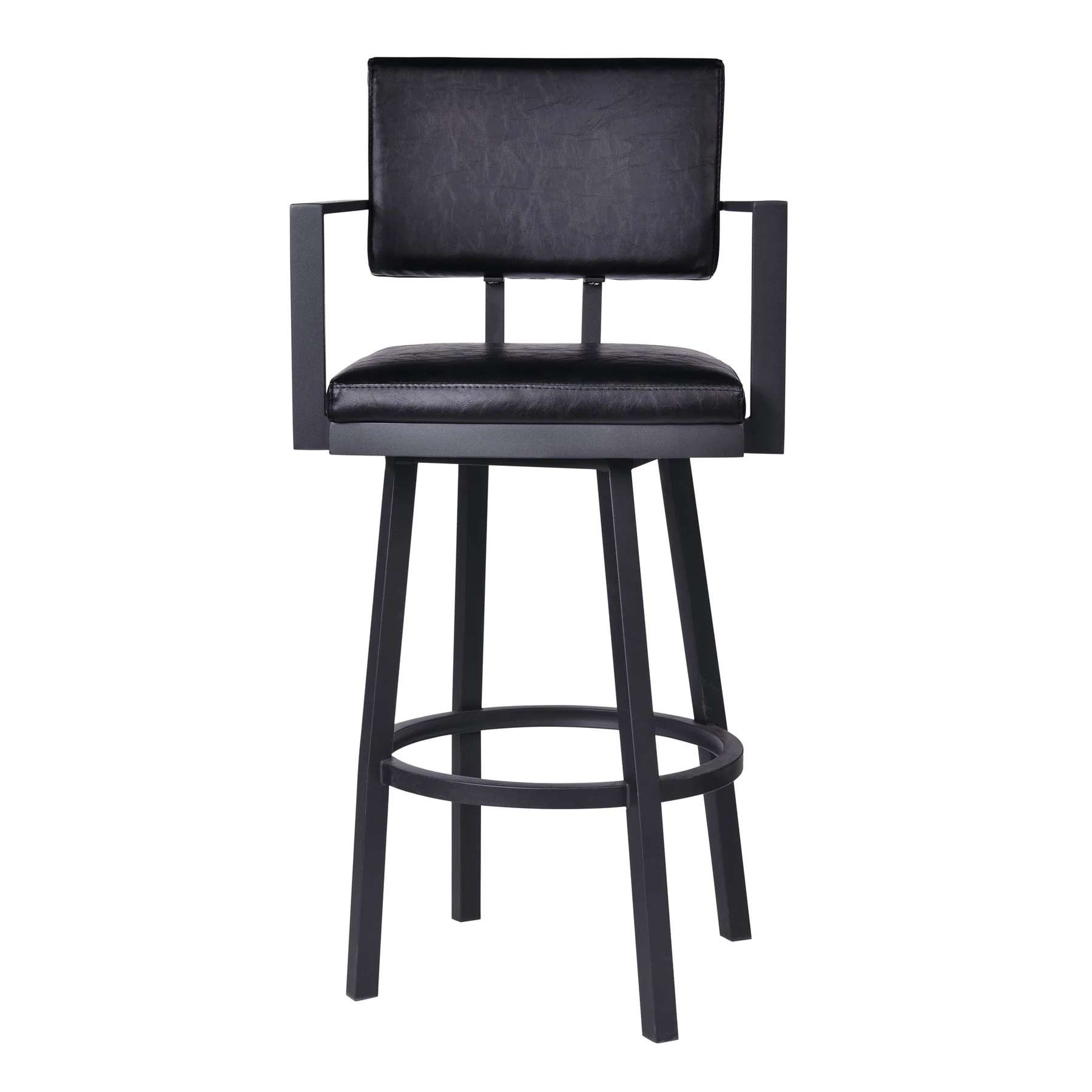 Balboa 26" Counter Height Swivel Vintage Black Faux Leather and Metal Bar Stool with Arms - Image 2
