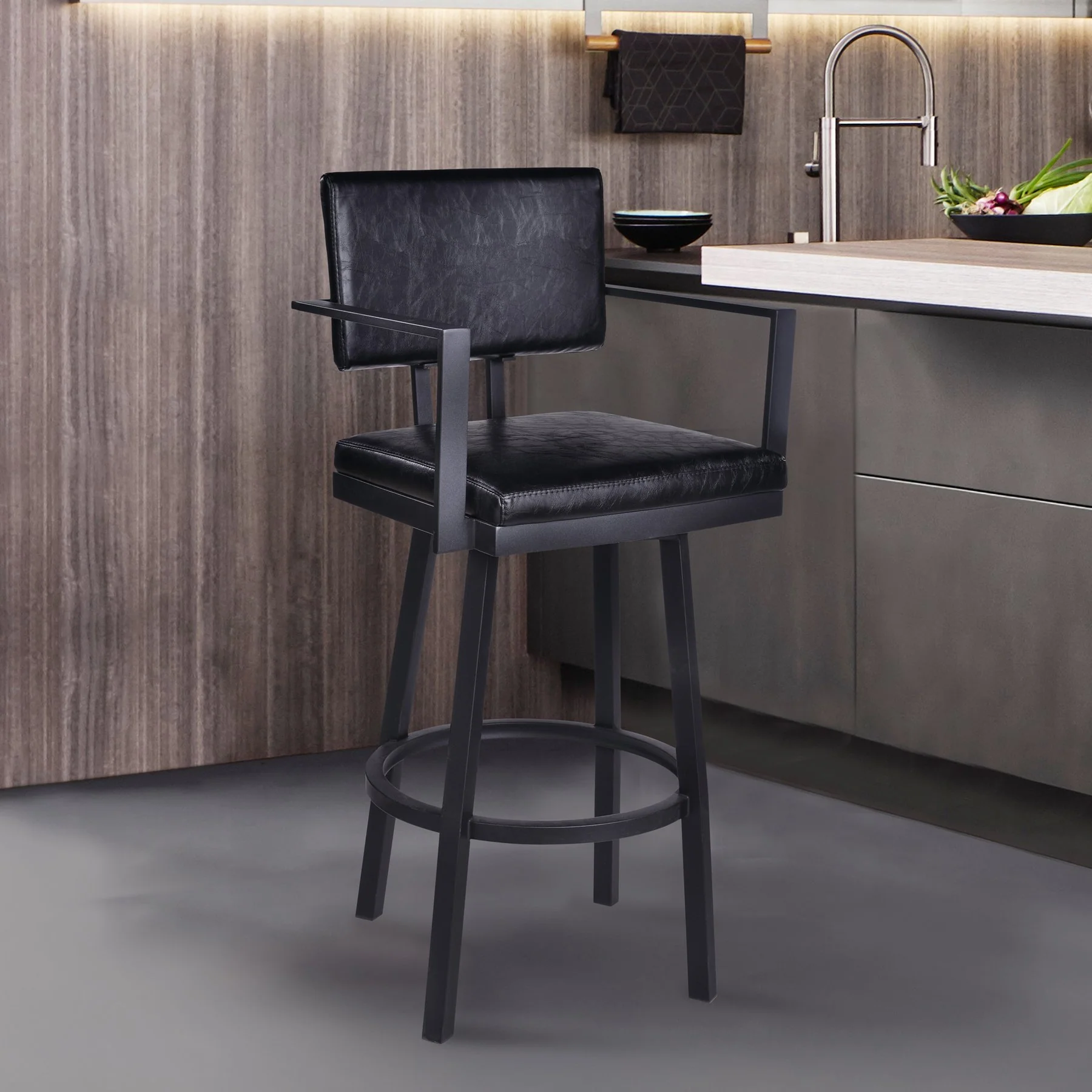 Balboa 30" Bar Height Swivel Vintage Black Faux Leather and Metal Bar Stool with Arms - Image 7