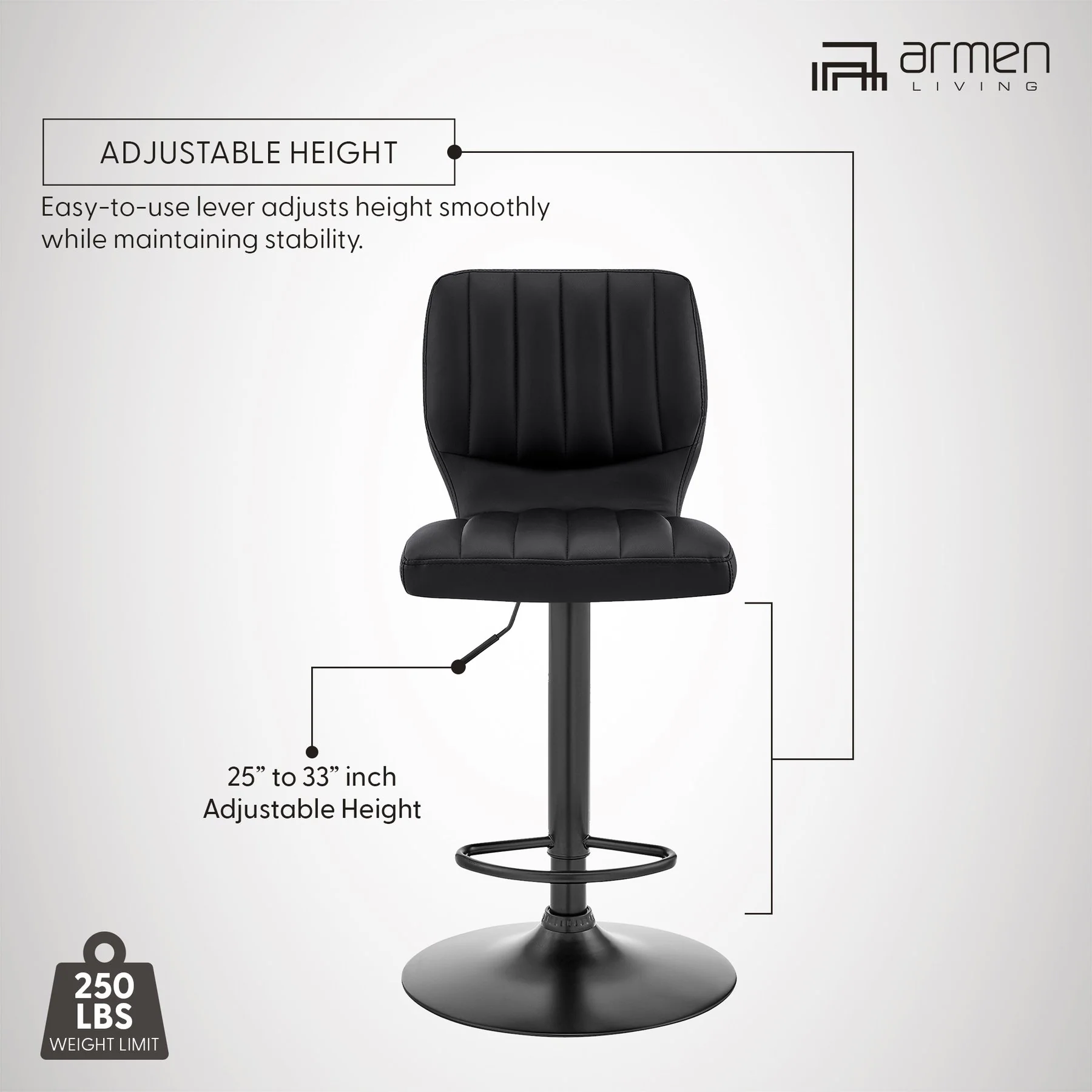 Bardot Adjustable Height Black Faux Leather Swivel Bar Stool - Image 11