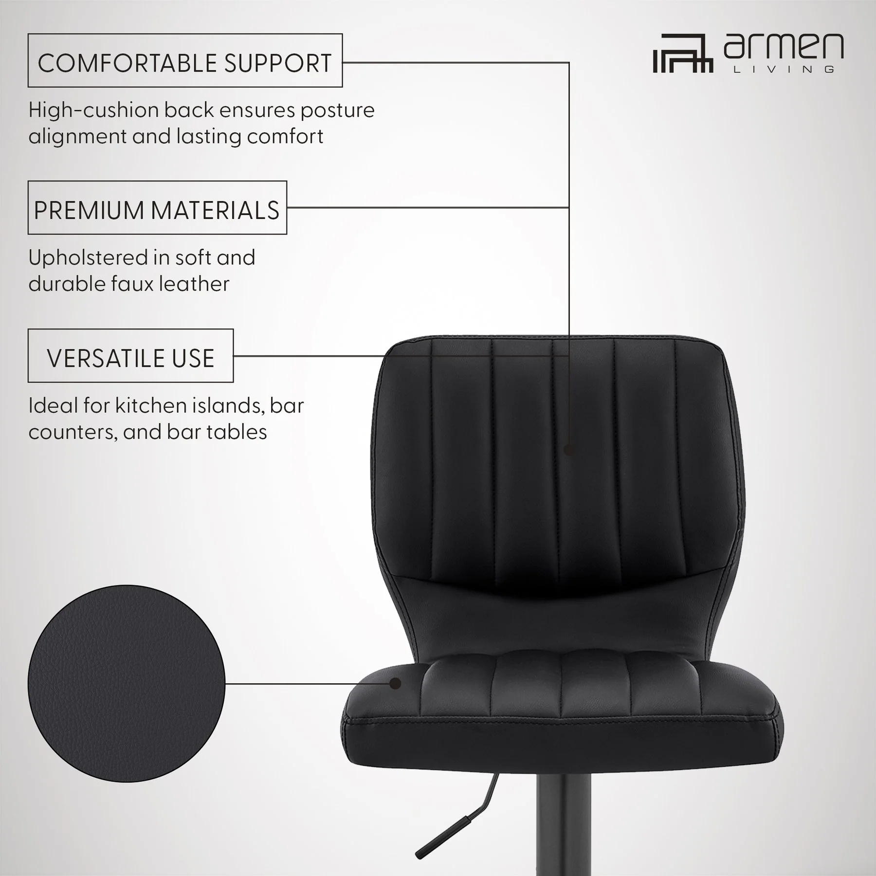 Bardot Adjustable Height Black Faux Leather Swivel Bar Stool - Image 9