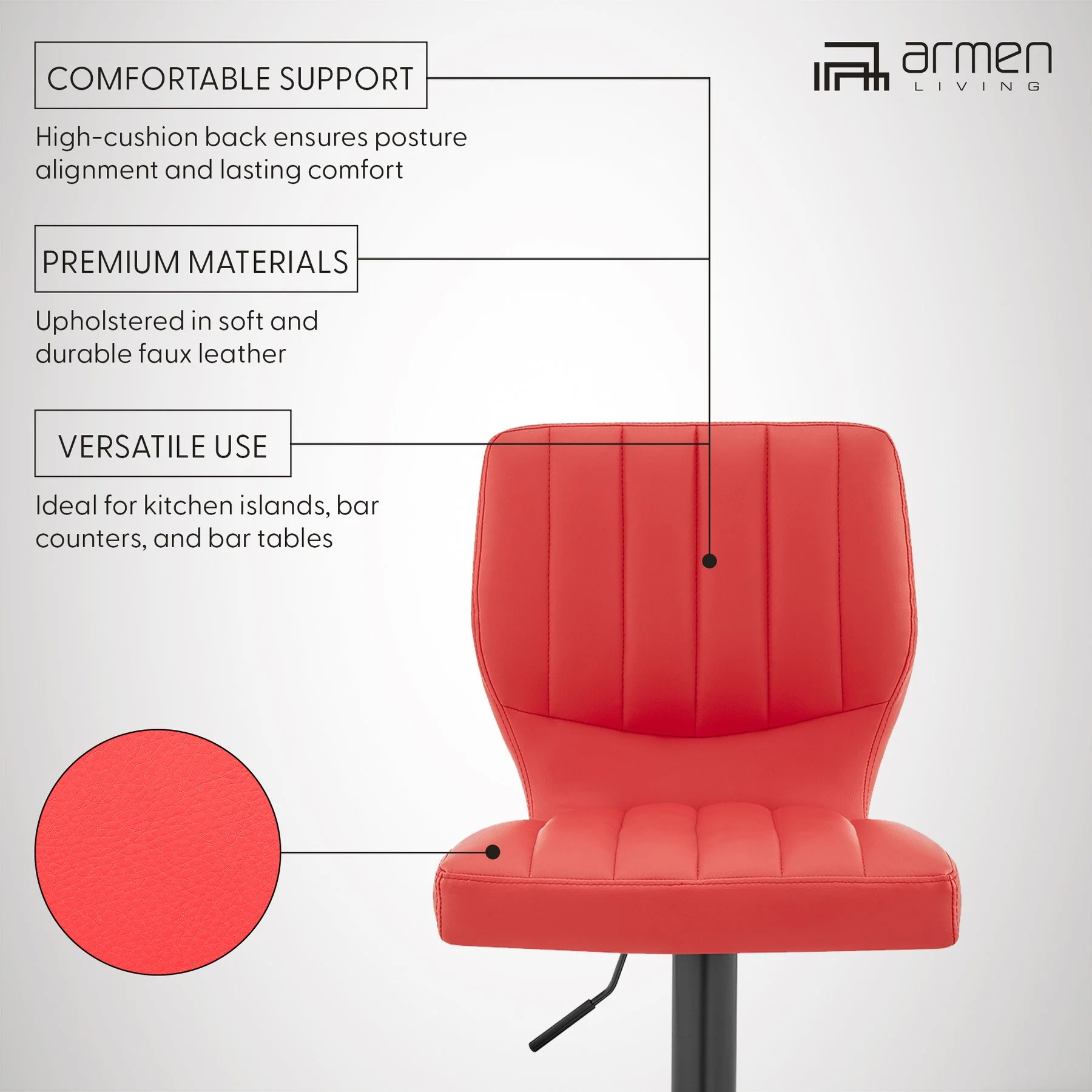 Bardot Adjustable Height Red Faux Leather Swivel Bar Stool - Image 10