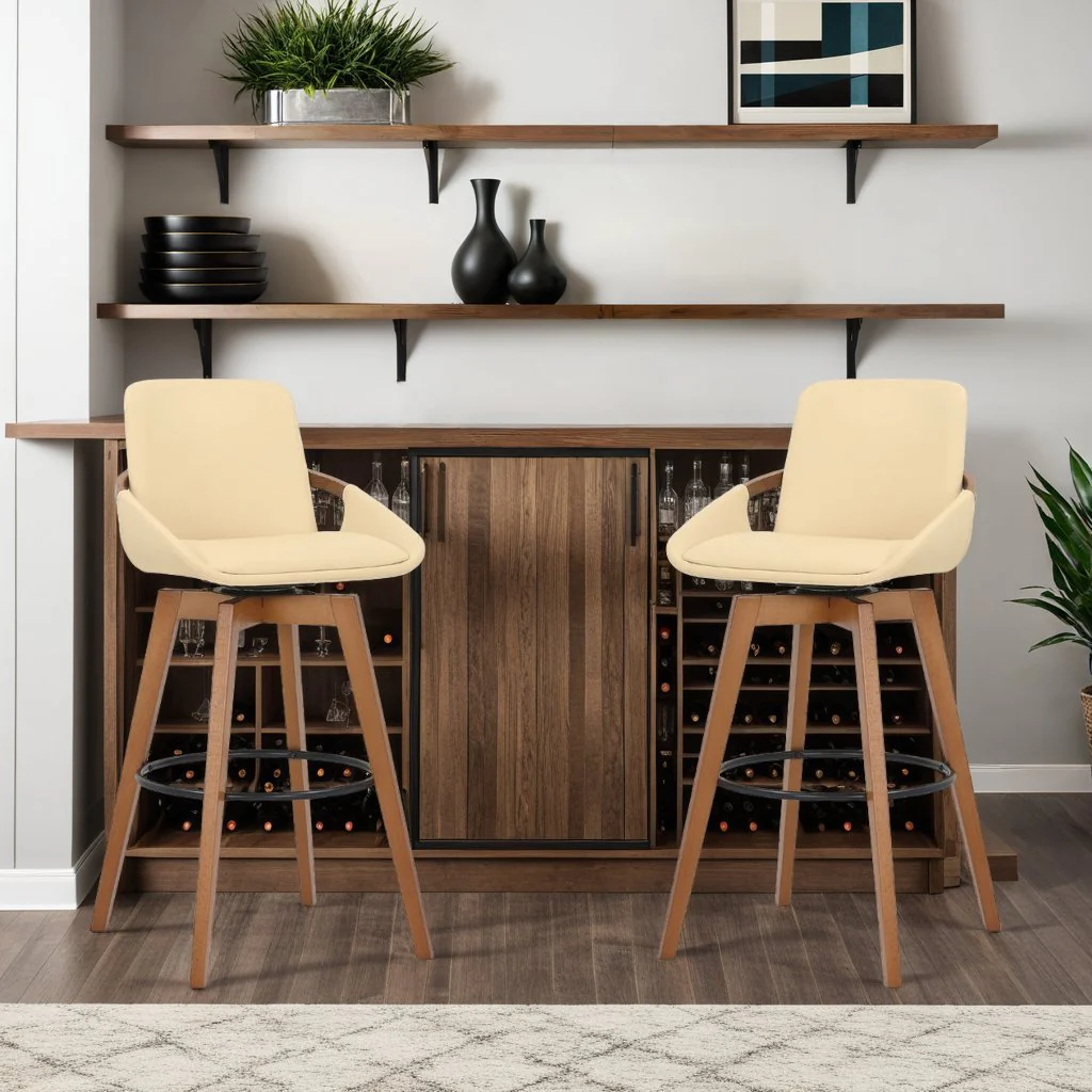 Baylor 30" Cream Faux Leather and Walnut Wood Swivel Bar Stool - Image 7