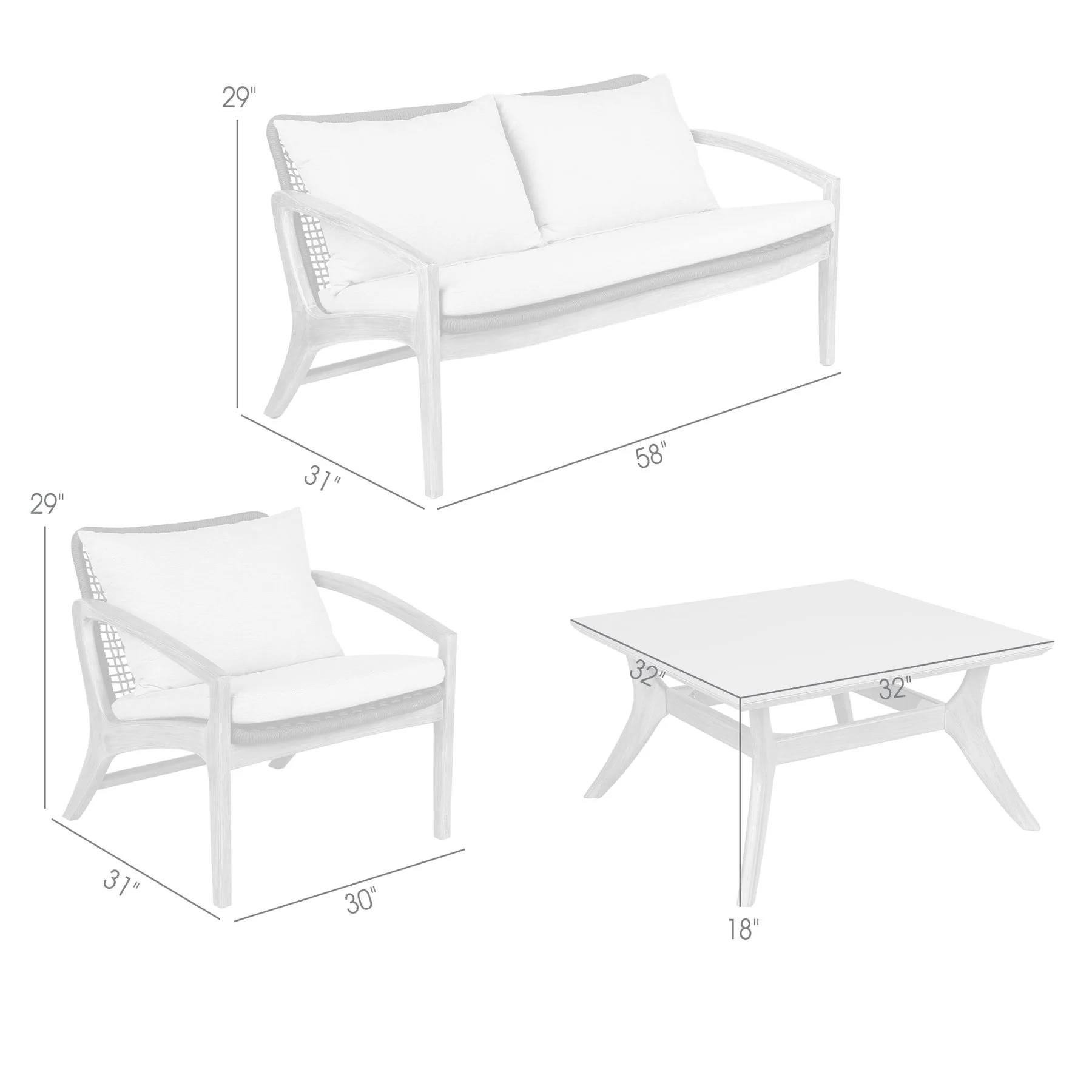 Beckham 4 Piece Outdoor Patio Seating Set in Dark Eucalyptus Wood with Gray Rope and White Cushions - Image 15
