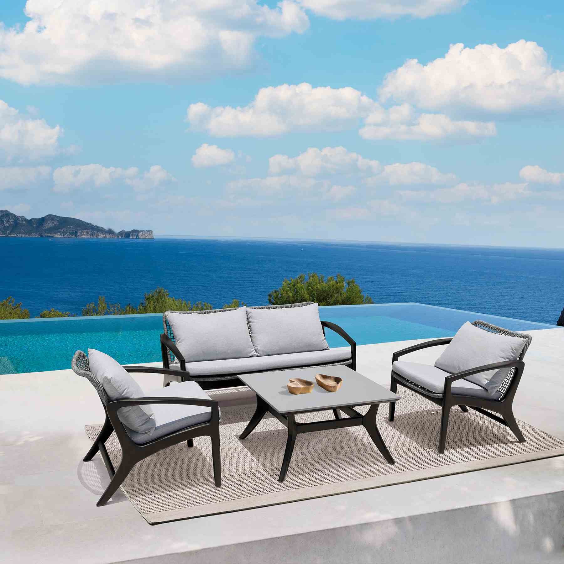 Beckham 4 Piece Outdoor Patio Seating Set in Dark Eucalyptus Wood with Gray Rope and White Cushions - Image 16