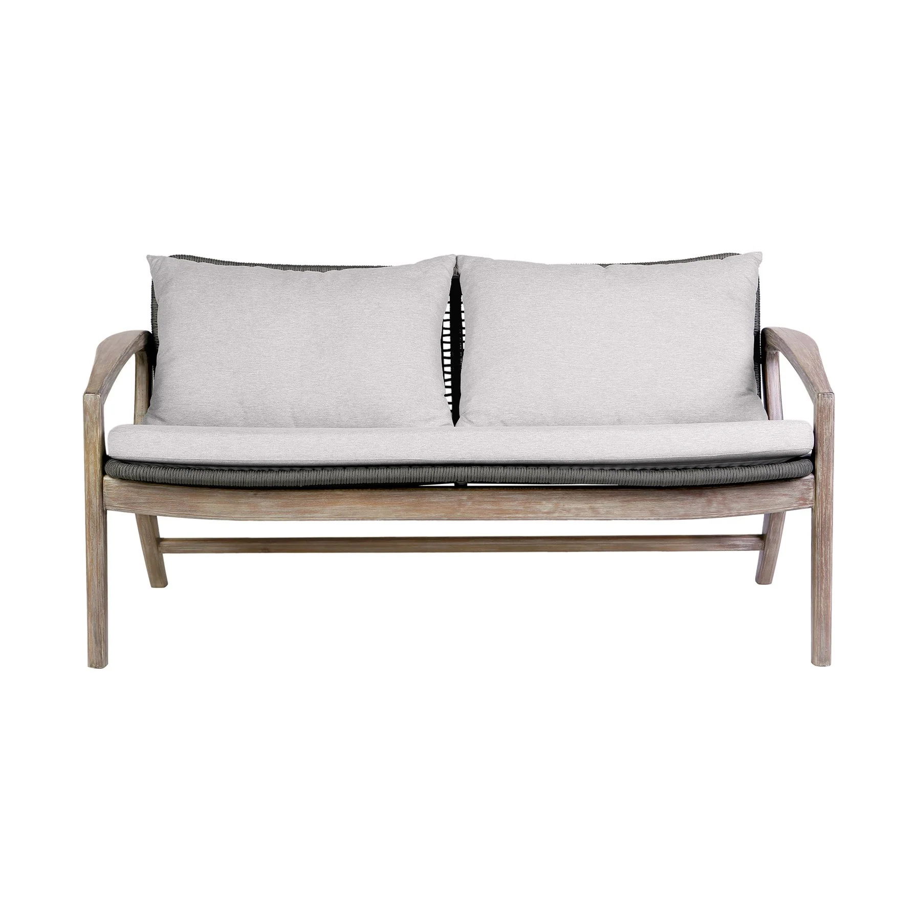 Beckham 4 Piece Outdoor Patio Seating Set in Light Eucalyptus Wood with Charcoal Rope and White Cushions - Image 2