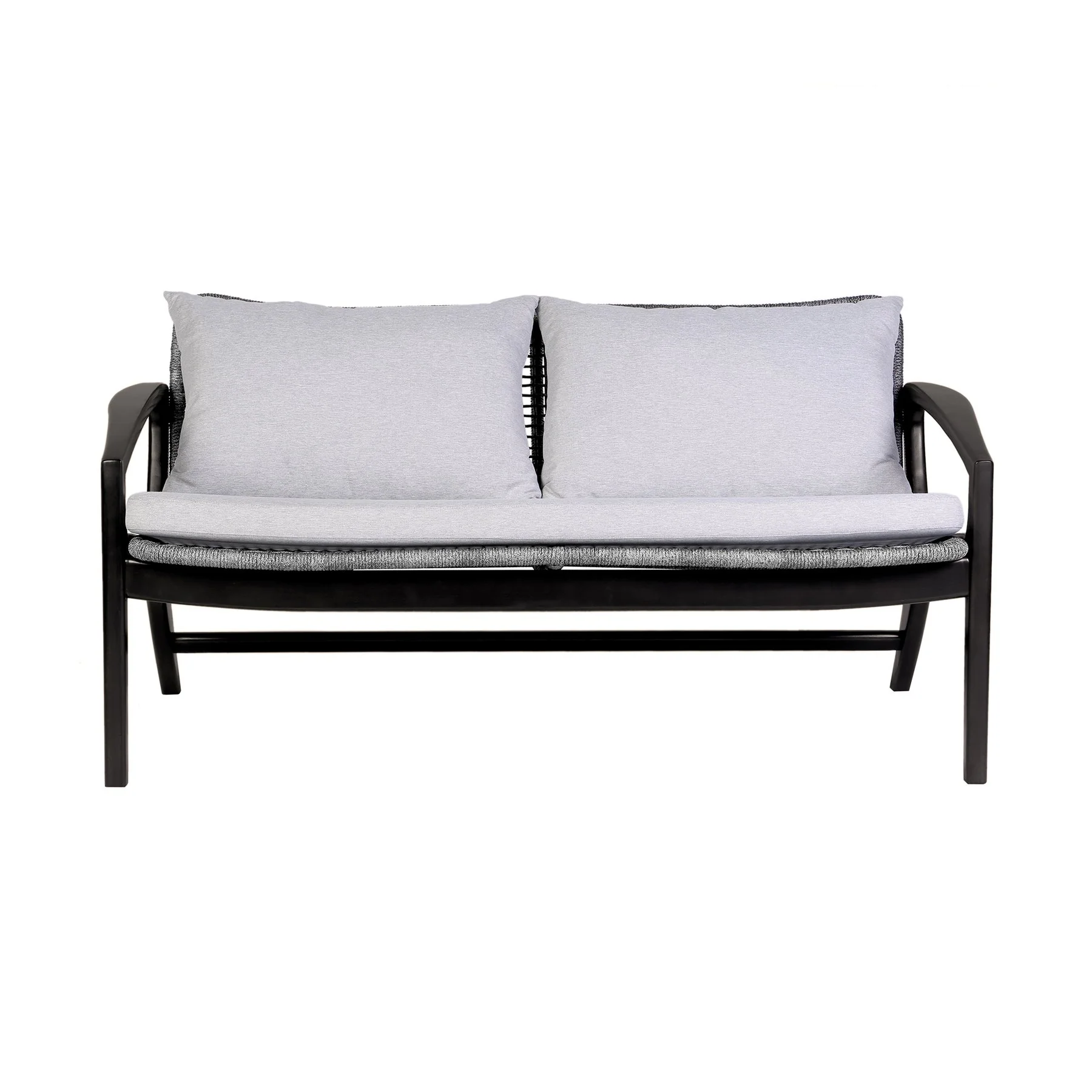 Beckham Outdoor Sofa in Dark Eucalyptus Wood and Gray Rope with White Cushions - Image 2