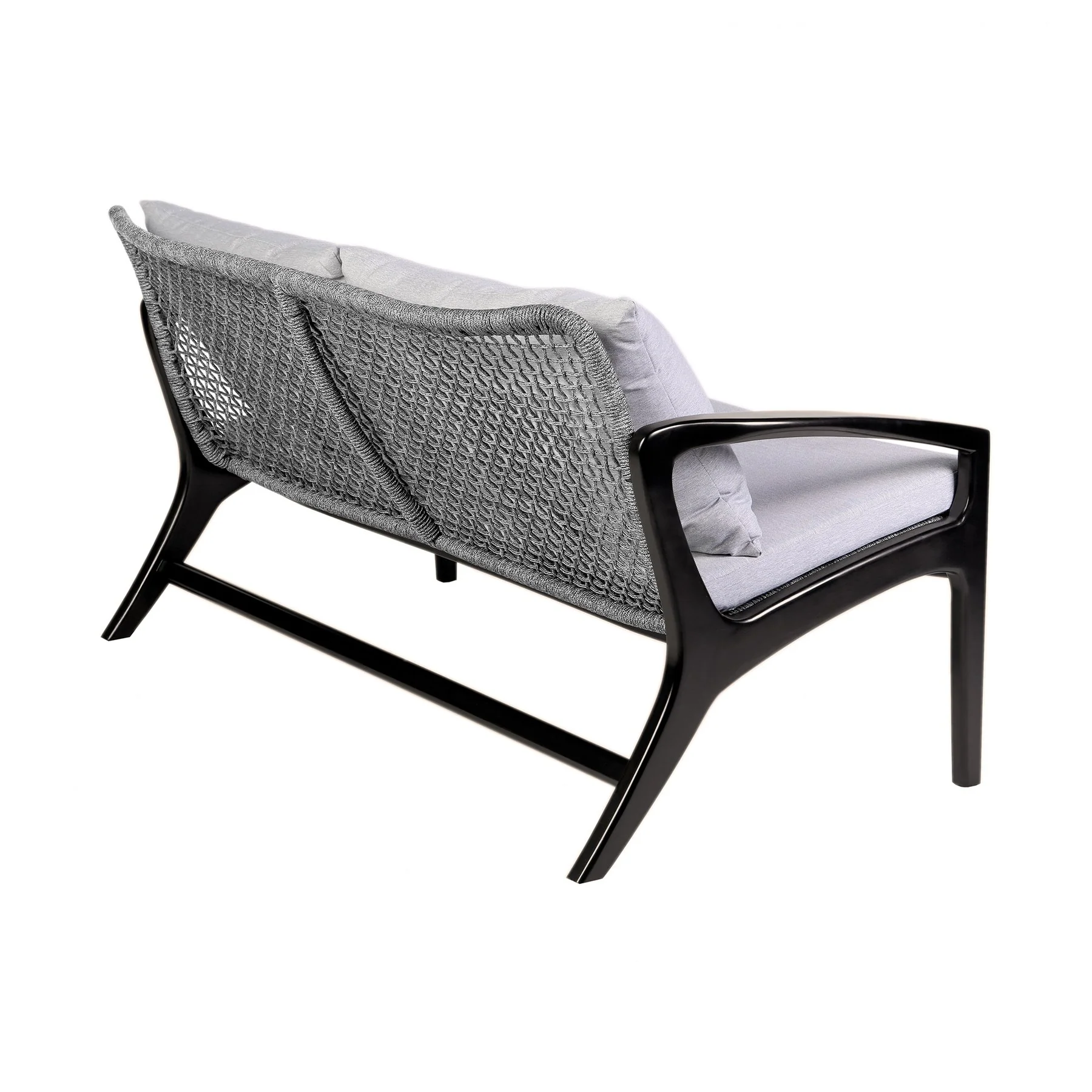 Beckham Outdoor Sofa in Dark Eucalyptus Wood and Gray Rope with White Cushions - Image 4