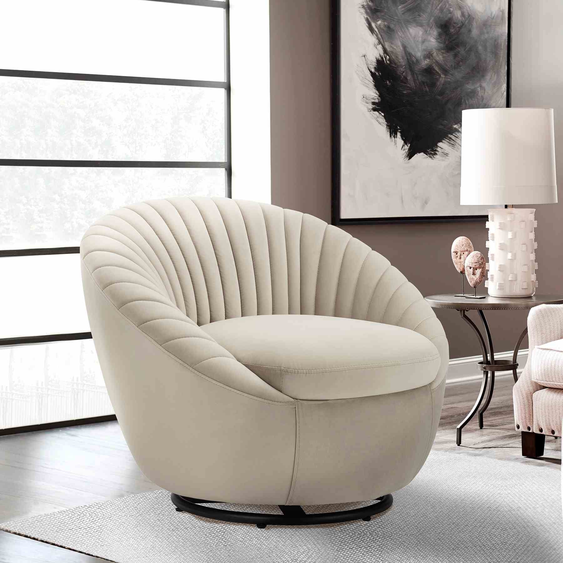 Bella Beige Velvet Swivel Accent Chair with Black Base - Image 7